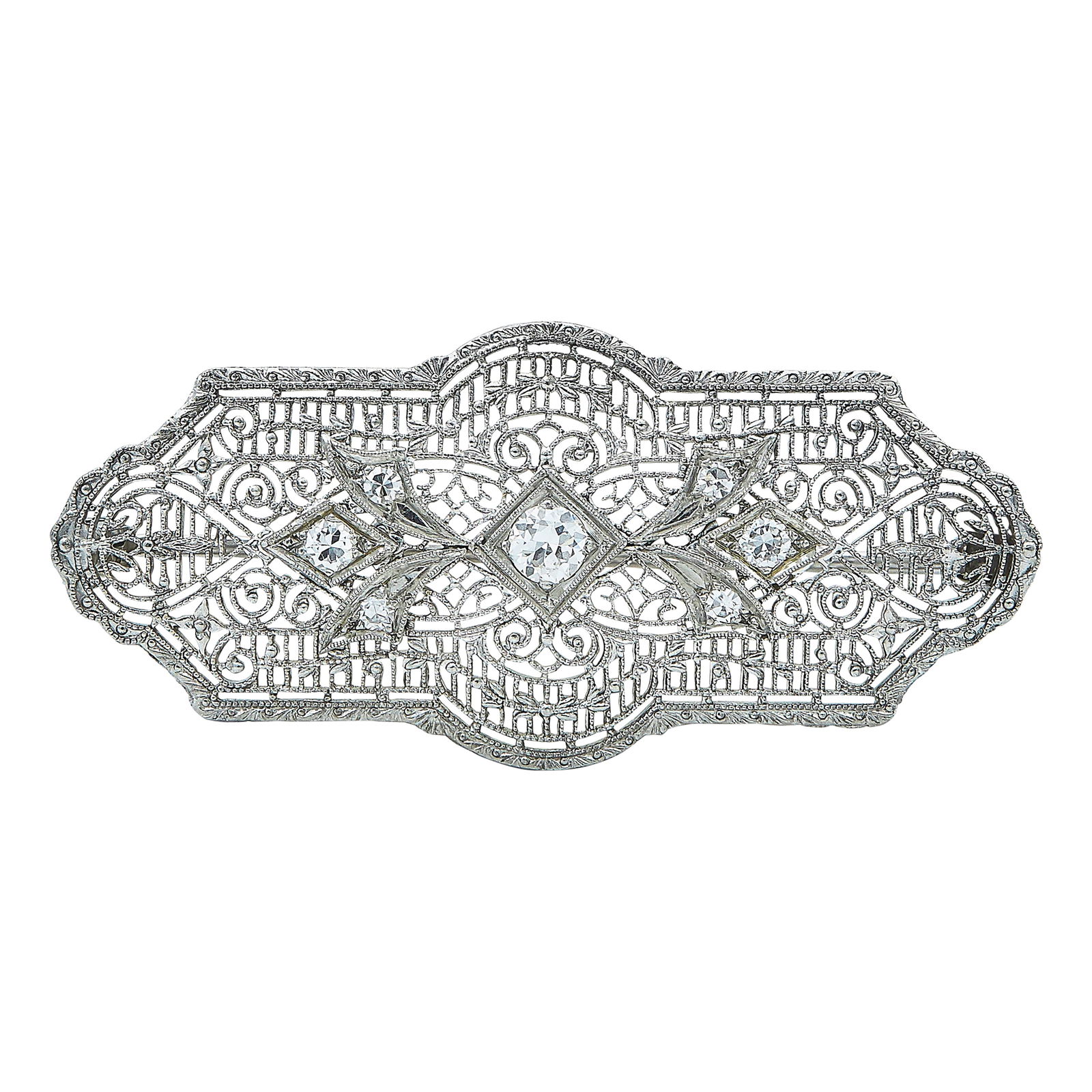 Vintage Platinum And 14K White Gold Diamond Filigree Brooch Pin (1 of 3)