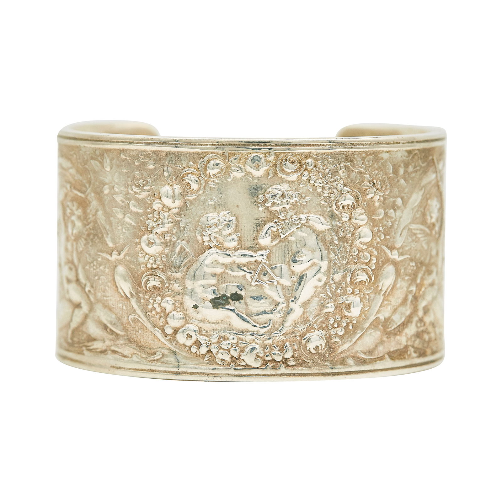 Vintage Tiffany & Co. Sterling Silver Cherub Motif Cuff Bangle: BRAND: Tiffany & Co.; METAL: Sterling Silver; STAMPED: TIFFANY & CO MAKERS, numbered, 925, maker's mark, workshop marks; CONDITION: Pre-owned, Good; ITEM WEIGHT (GRAMS): 103.3 g; MEASUREMENTS: Bracele