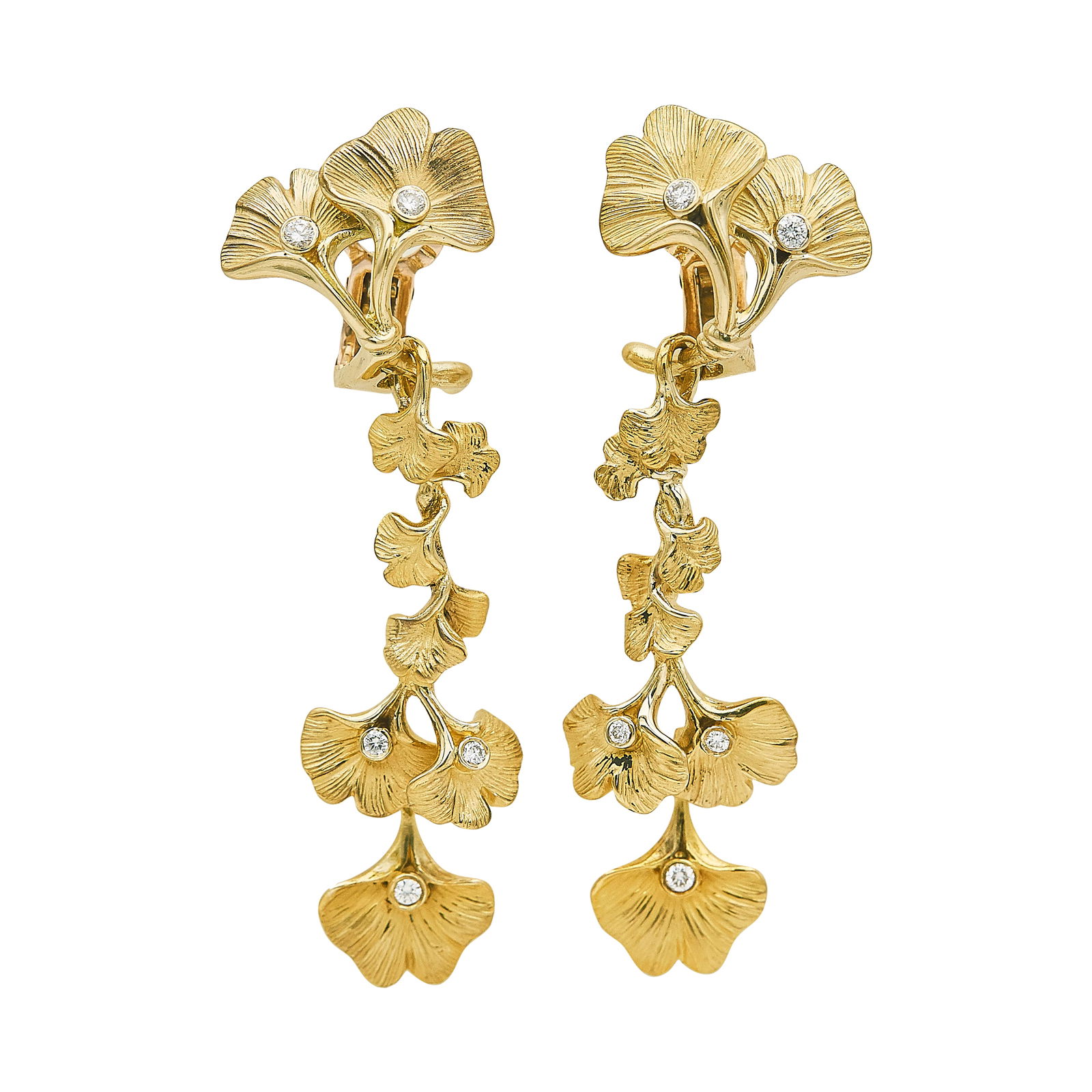 Carrera Y Carrera 18K Yellow Gold and Diamond Ginkgo Leaf Earrings: BRAND: Carrera Y Carrera; METAL: 18K Yellow Gold; APPROXIMATE TOTAL DIAMOND WEIGHT: 0.15 ctw; STAMPED: maker's mark, 750, numbered; CONDITION: Pre-owned, Very Good; ITEM WEIGHT (GRAMS): 13.5 g; MEASUR