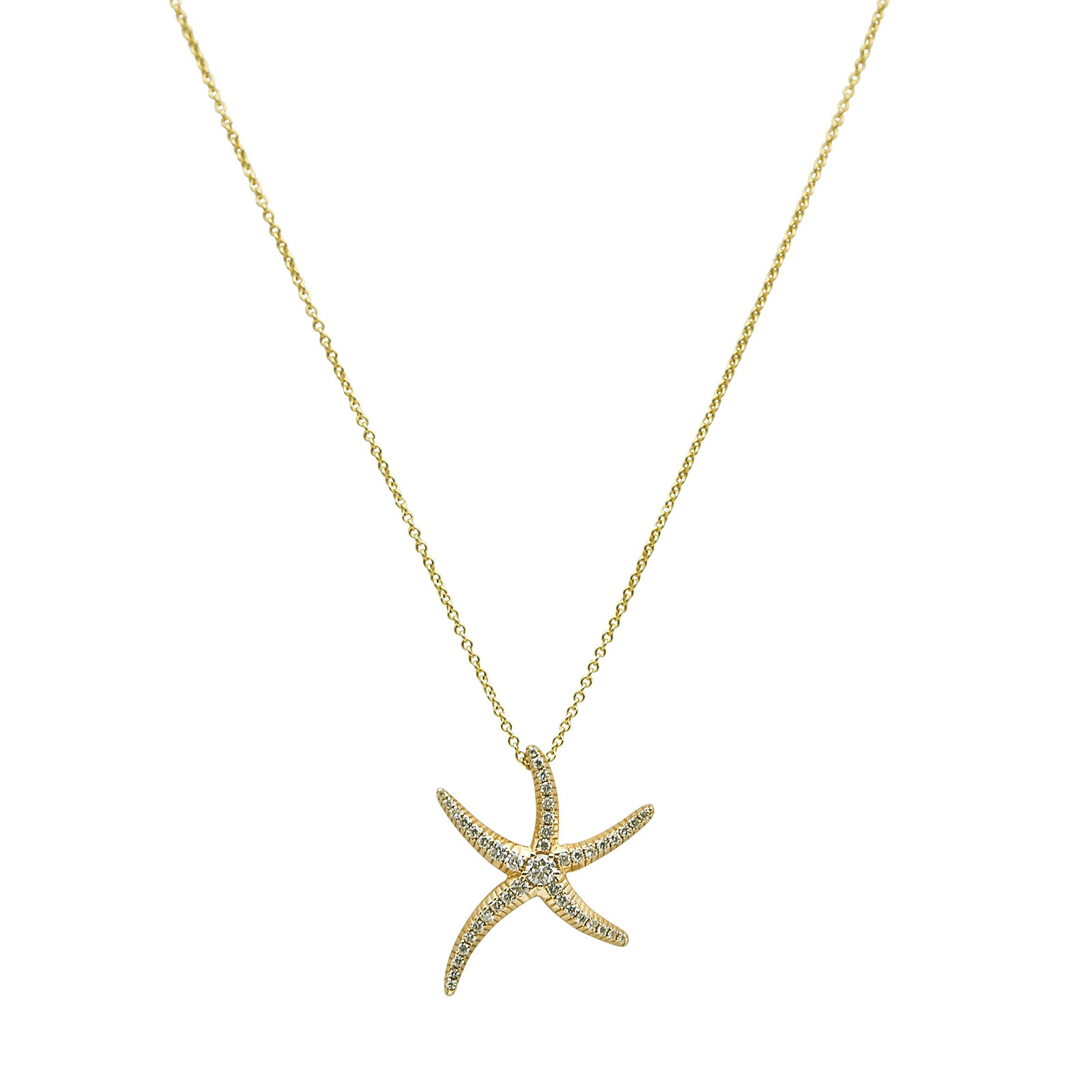 EFFY 14K Yellow Gold And Diamond Starfish Pendant Necklace: BRAND: EFFY; METAL: 14K Yellow Gold; CARAT WEIGHT: 0.50 ctw; APPROXIMATE TOTAL DIAMOND WEIGHT: 0.51 ctw; STAMPED: EFFY 14K; CONDITION: Pre-owned, Very Good; ITEM WEIGHT (GRAMS): 4.39 g; MEASUREMENTS: