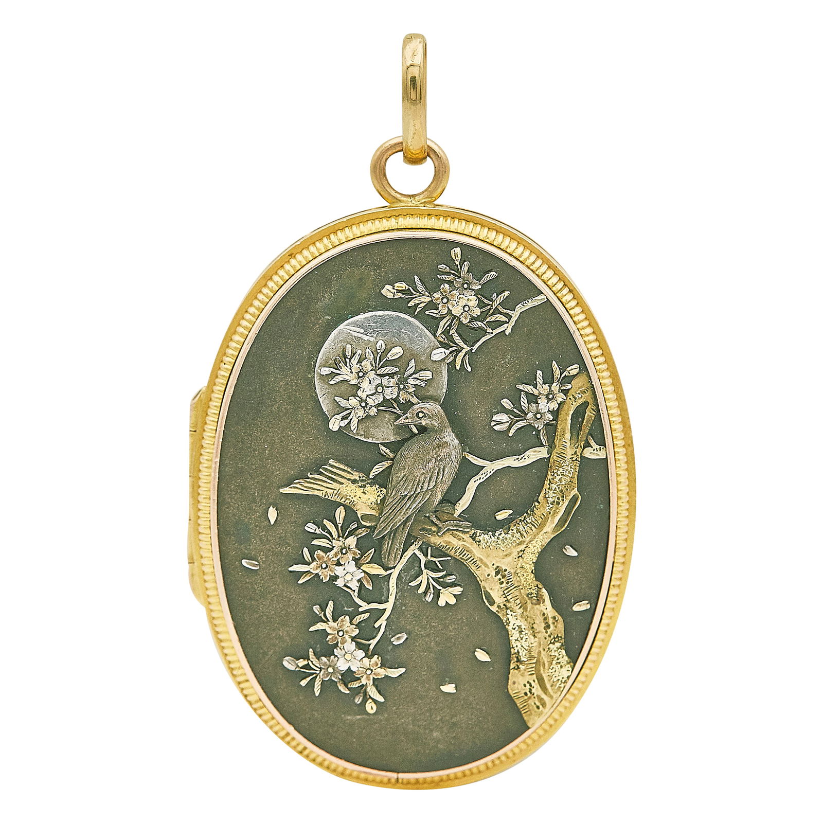 Antique Victorian 14K Yellow Gold And Silver Shakudo Bird Motif Locket: METAL: 14K Yellow Gold, Silver; GEMSTONES: Shakudo locket face; TESTED: 14K Yellow Gold, Silver; CONDITION: Pre-owned, Good; ITEM WEIGHT (GRAMS): 35.6 g; MEASUREMENTS: Locket measures approx. 2 inches