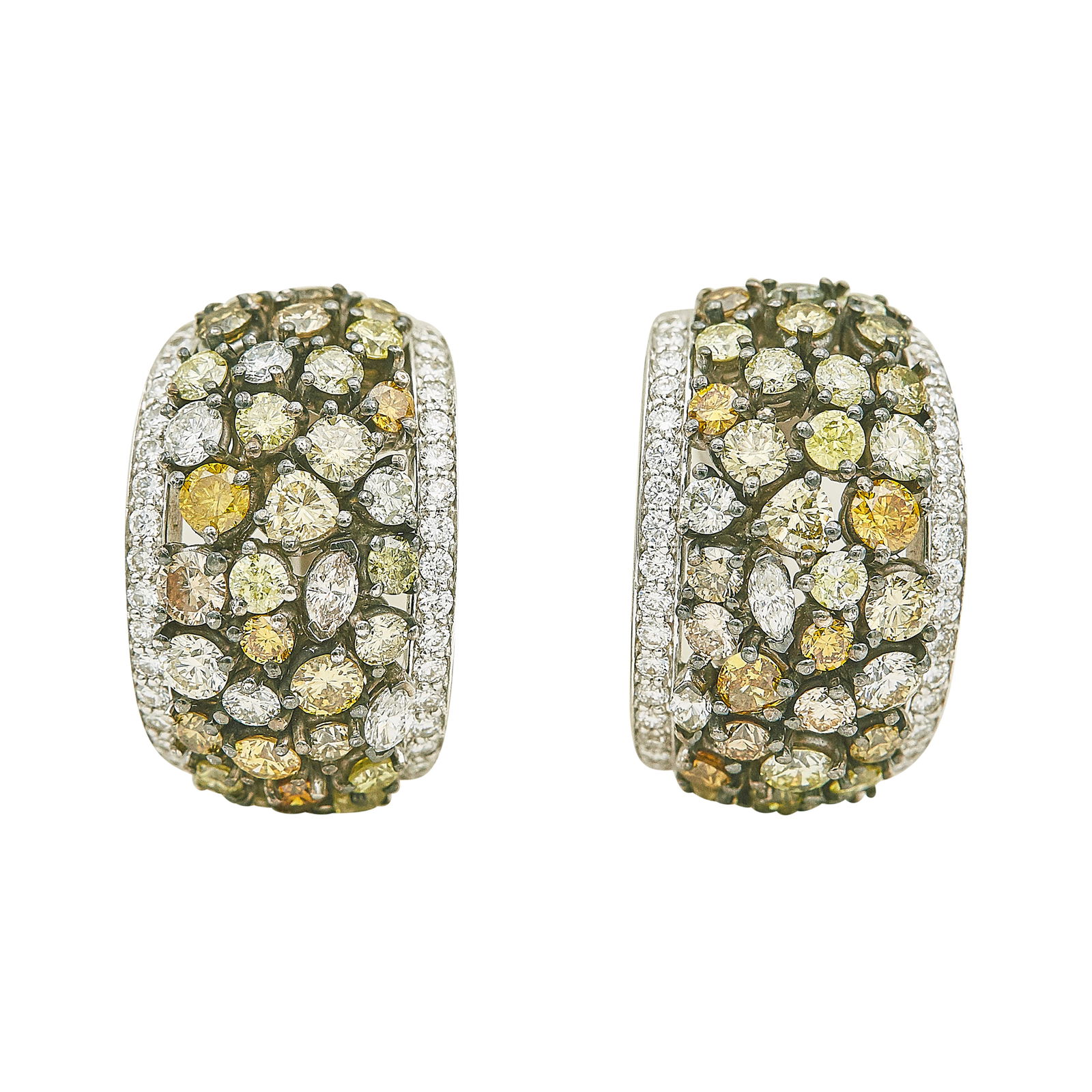 18K White Gold Diamond And Fancy Colored Diamond J-Hoop Earrings: METAL: 18K White Gold; APPROXIMATE TOTAL DIAMOND WEIGHT: 0.75 ctw; GEMSTONES: Fancy colored diamonds, weighing approx. 4.25 cttw, treated; STAMPED: 18k; CONDITION: Pre-owned, Very Good; ITEM WEIGHT (G