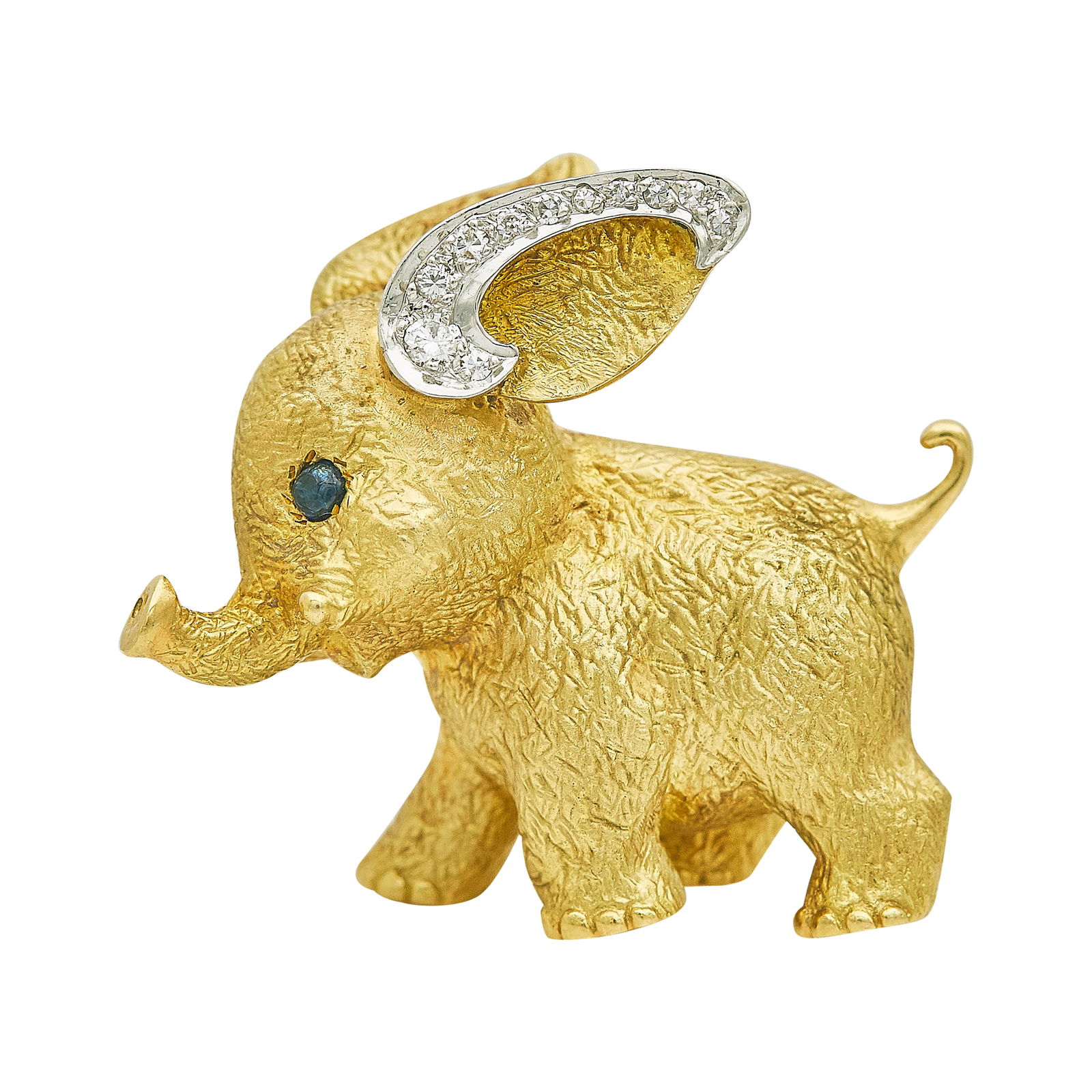 18K Yellow Gold, Platinum And Diamond Elephant Brooch Pin With Sapphires (1 of 3)
