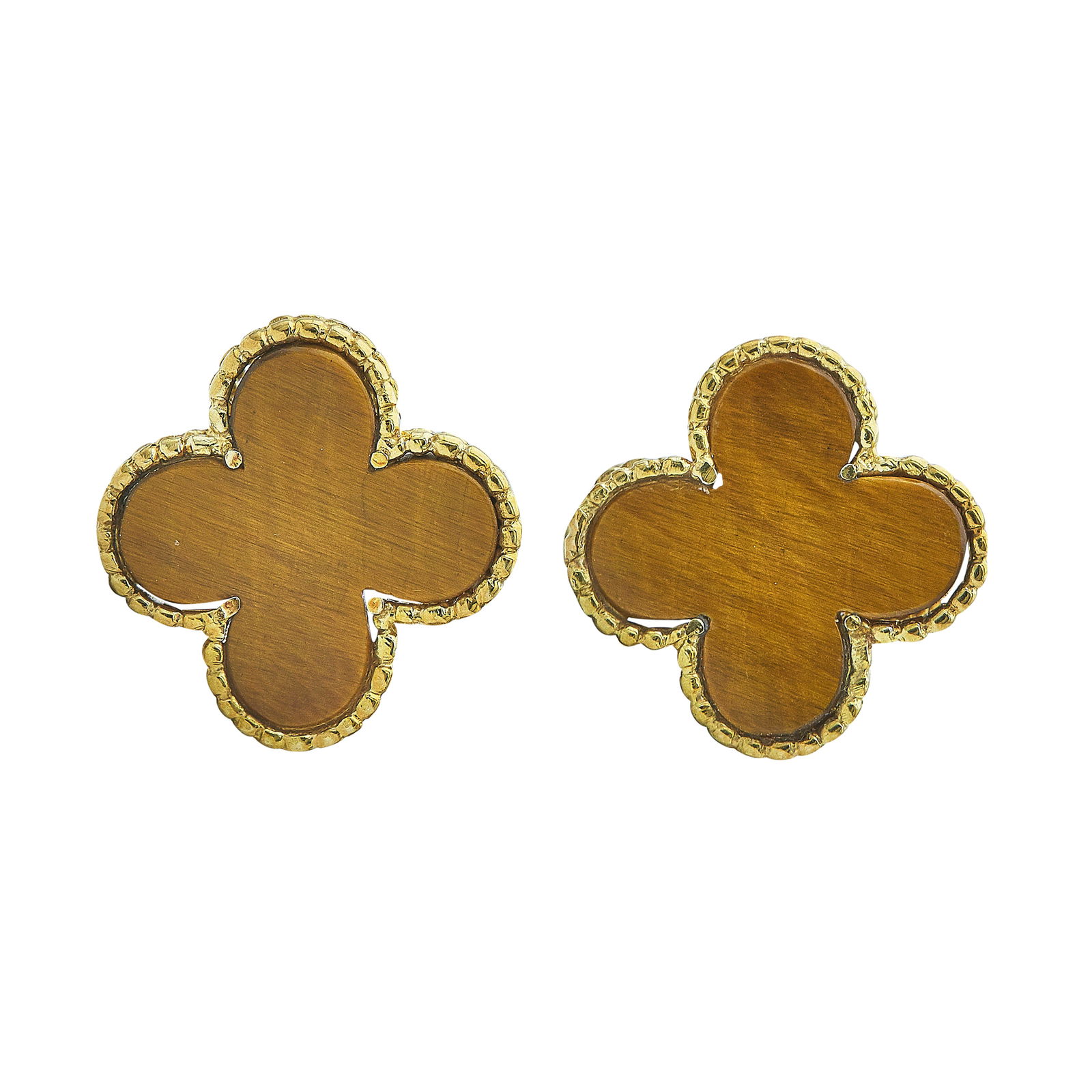 18K Yellow Gold And Tiger's Eye Quatrefoil Clip-On Earrings: METAL: 18K Yellow Gold; GEMSTONES: Tiger's eye inlay with minor cracks; STAMPED: 750, ITALY; CONDITION: Pre-owned, Good; ITEM WEIGHT (GRAMS): 9.2 g; MEASUREMENTS: Earrings measure approx. 3/4 inch dia