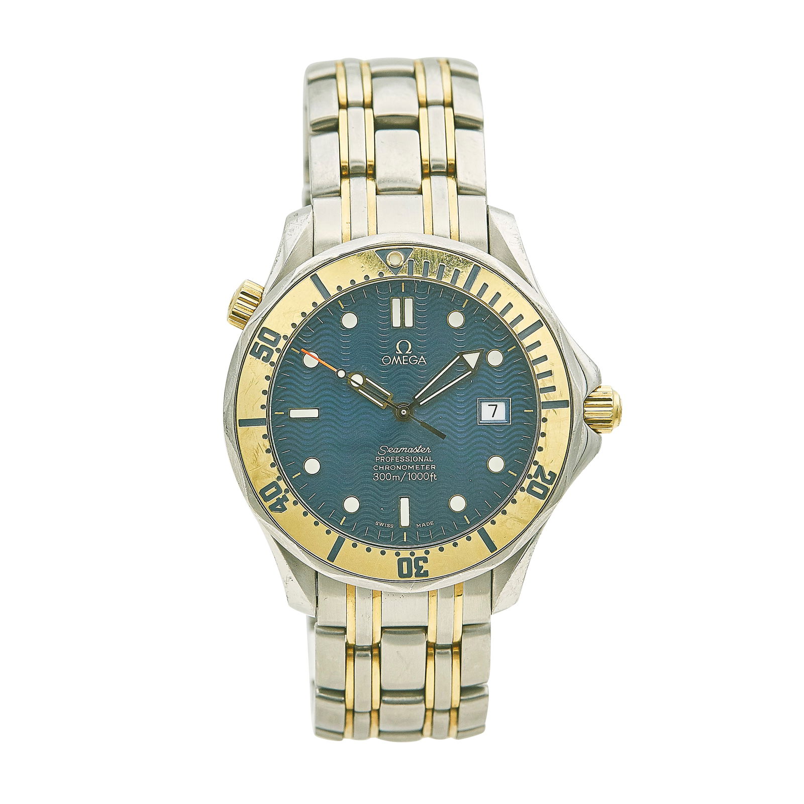 Omega Seamaster Diver 300 M 18K Yellow Gold/SS Watch Ref. 2342.80, circa 2000: BRAND: Omega; STYLE: Seamaster; REF. #: 2342.80; CONDITION: Pre-owned, Good; YEAR: Circa 2000; ADDITIONAL COMMENTS: Scratches, scuffs, and light impacts throughout watch; CASE SIZE (mm): 41; CASE MATE