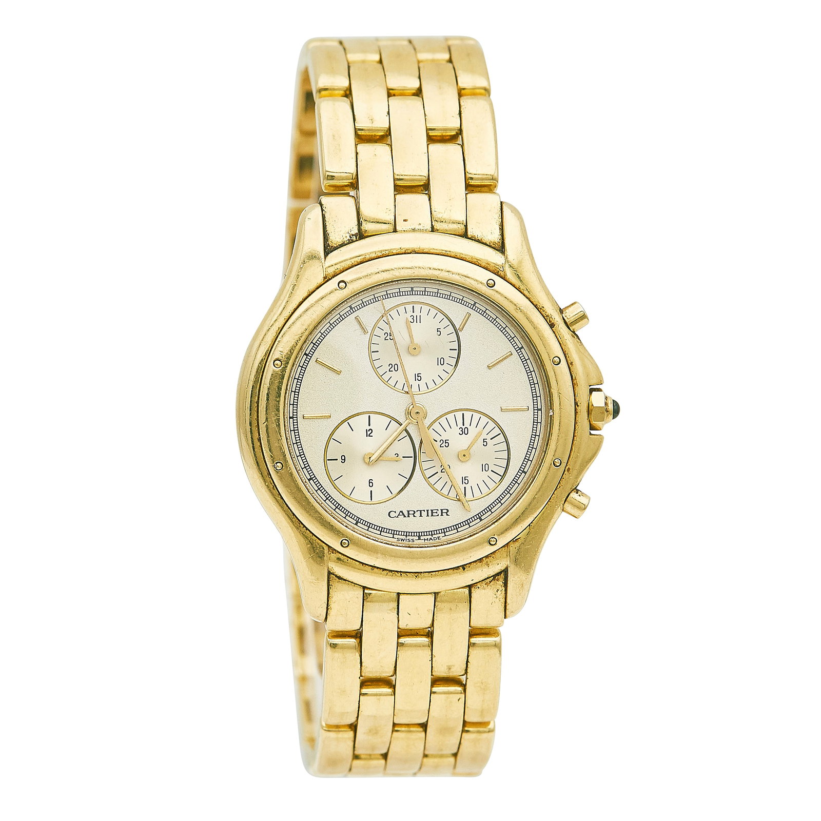 Cartier Cougar Chrono 18K Yellow Gold Watch Ref. 11621, circa 1990: BRAND: Cartier; STYLE: Cougar; REF. #: W35007B9; CONDITION: Pre-owned, Fair; YEAR: Circa 1990; ADDITIONAL COMMENTS: Not running-service required, Scratches on center of crystal, Scratches throughout w