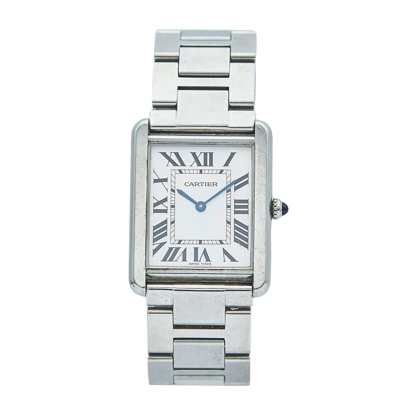 Cartier Tank Solo Stainless Steel Watch Ref. 3169, circa 2015: BRAND: Cartier; STYLE: Tank Solo; REF. #: 3169; CONDITION: Pre-owned, Good; YEAR: Circa 2015; ADDITIONAL COMMENTS: Scratches throughout watch, Scratches throughout crystal; CASE MATERIAL: Stainless St