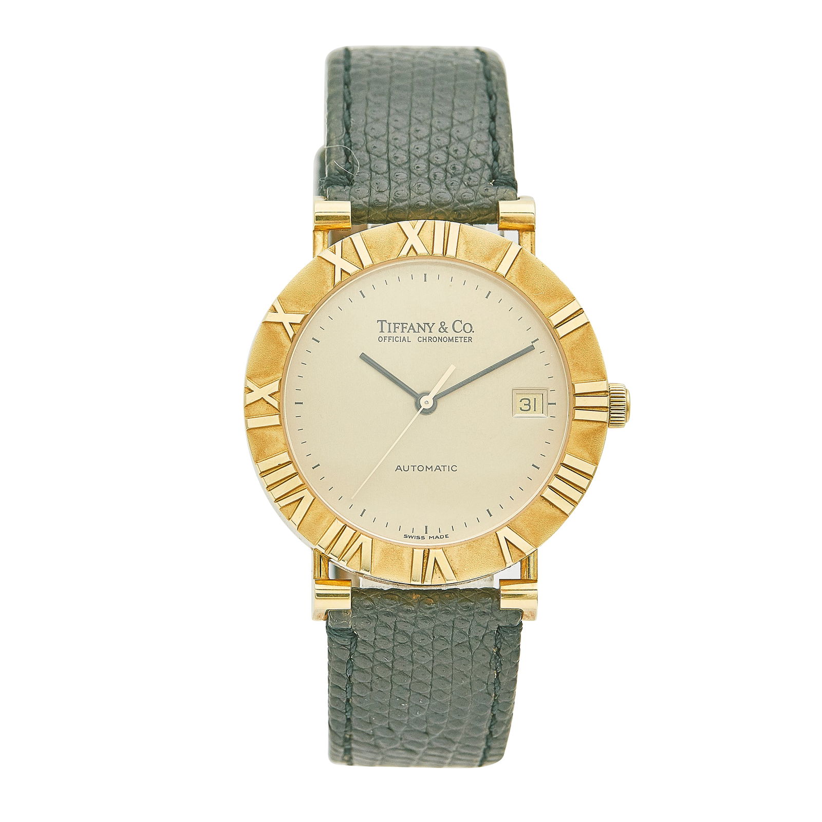 Tiffany & Co. Atlas 18K Yellow Gold Watch Ref. 10505992, 2003: BRAND: Tiffany & Co.; STYLE: Atlas; REF. #: 10505992; CONDITION: Pre-owned, Very Good; YEAR: 2003; ADDITIONAL COMMENTS: With branded strap and buckle, Scratches throughout watch, Accompanied by Limite