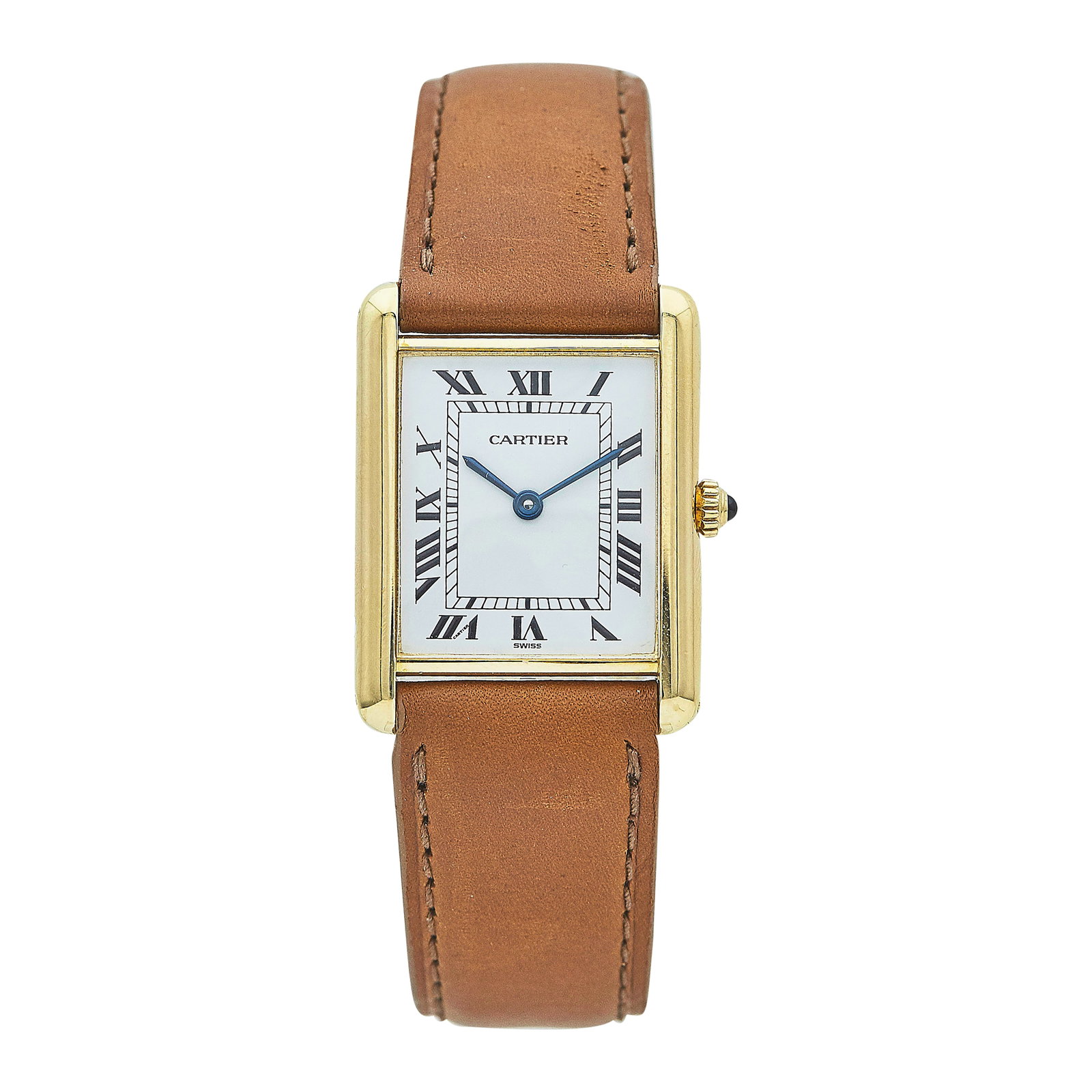 Cartier Tank Louis Cartier 18K Yellow Gold Watch Ref. 8810, circa 1990: BRAND: Cartier; STYLE: Tank Louis Cartier; REF. #: 8810; CONDITION: Pre-owned, Very Good; YEAR: Circa 1990; ADDITIONAL COMMENTS: Crystal with light nicks and chips on edges, Scratches throughout watch