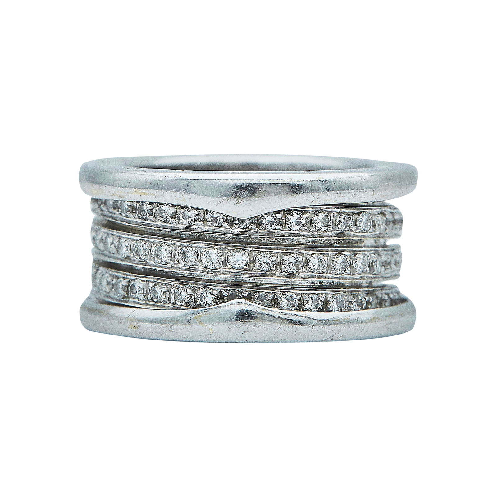 Bulgari Bvlgari B.zero1 18K White Gold and Diamond Band Ring: BRAND: Bulgari; COLLECTION: B.zero1; METAL: 18K White Gold; APPROXIMATE TOTAL DIAMOND WEIGHT: 1 ctw; STAMPED: Bvlgari, 750, Made in Italy, Italian workshop mark, 52; CONDITION: Pre-owned, Very Good; I