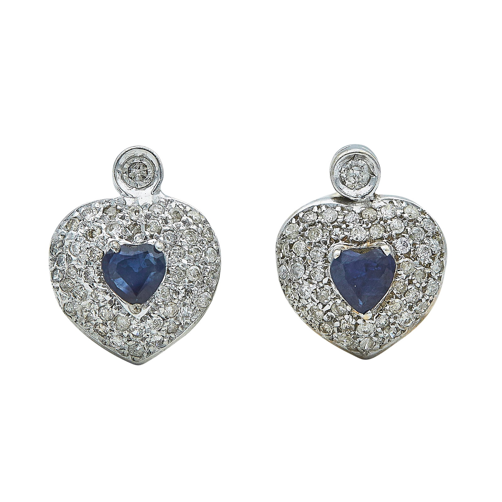 14K White Gold Sapphire And Diamond Heart Earrings: METAL: 14K White Gold; APPROXIMATE TOTAL DIAMOND WEIGHT: 0.40 ctw; GEMSTONES: Sapphires weighing approx. 0.90 CTTW, weight estimated by formula; STAMPED: 585; CONDITION: Pre-owned, Good; ITEM WEIGHT (
