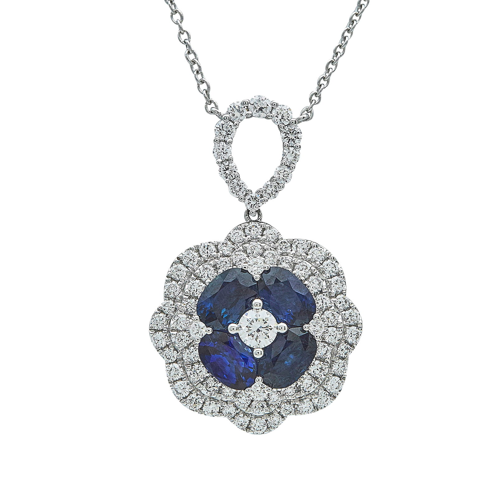 18K White Gold Sapphire and Diamond Pendant Necklace, Earrings & Ring Set: METAL: 18K White Gold; APPROXIMATE TOTAL DIAMOND WEIGHT: 6.05 ctw; GEMSTONES: Sapphire; STAMPED: Ring marked: 18K; Earrings marked: D1.92 ; Necklace marked: 18K EMJ D1.33CT SA2.26CT; TESTED: 18K White