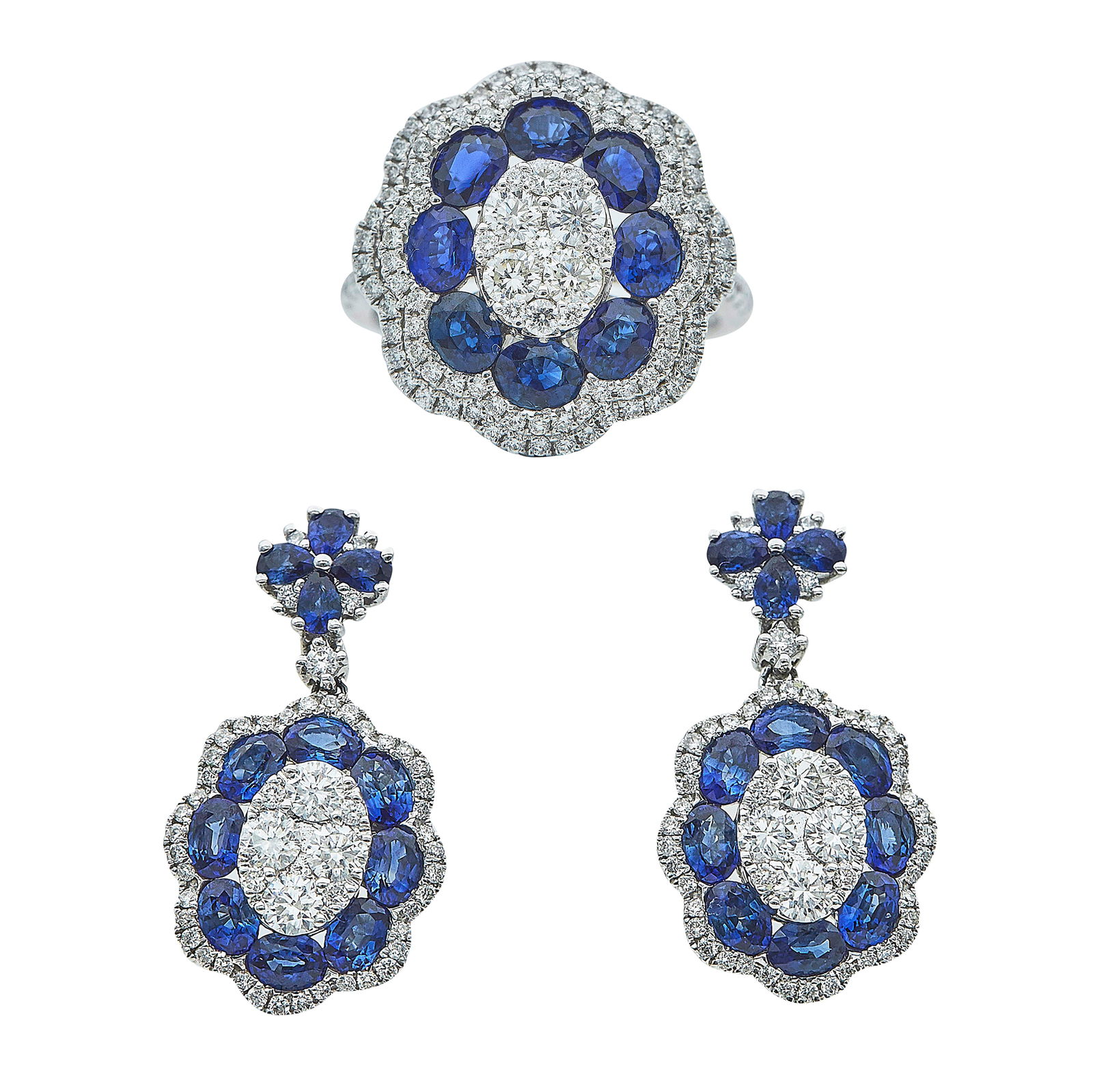 18K White Gold Sapphire and Diamond Earrings & Ring Set (1 of 6)