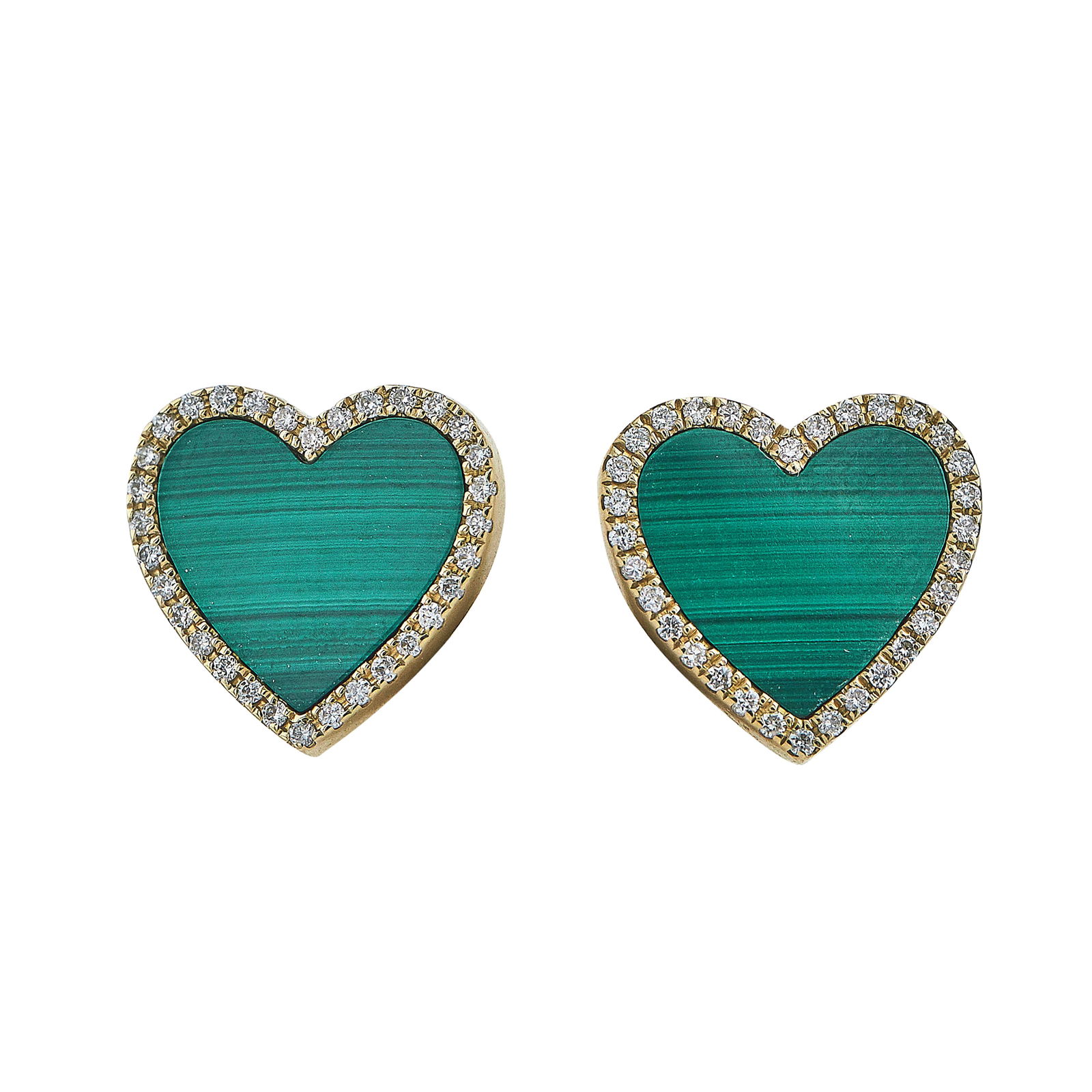 14K Yellow Gold Malachite and Diamond Heart Stud Earrings: METAL: 14K Yellow Gold; APPROXIMATE TOTAL DIAMOND WEIGHT: 0.16 ctw; GEMSTONES: Malachite; STAMPED: 14K, d0.11ct; CONDITION: Pre-owned, Very Good; ITEM WEIGHT (GRAMS): 3.1 g; MEASUREMENTS: Earrings 1/2