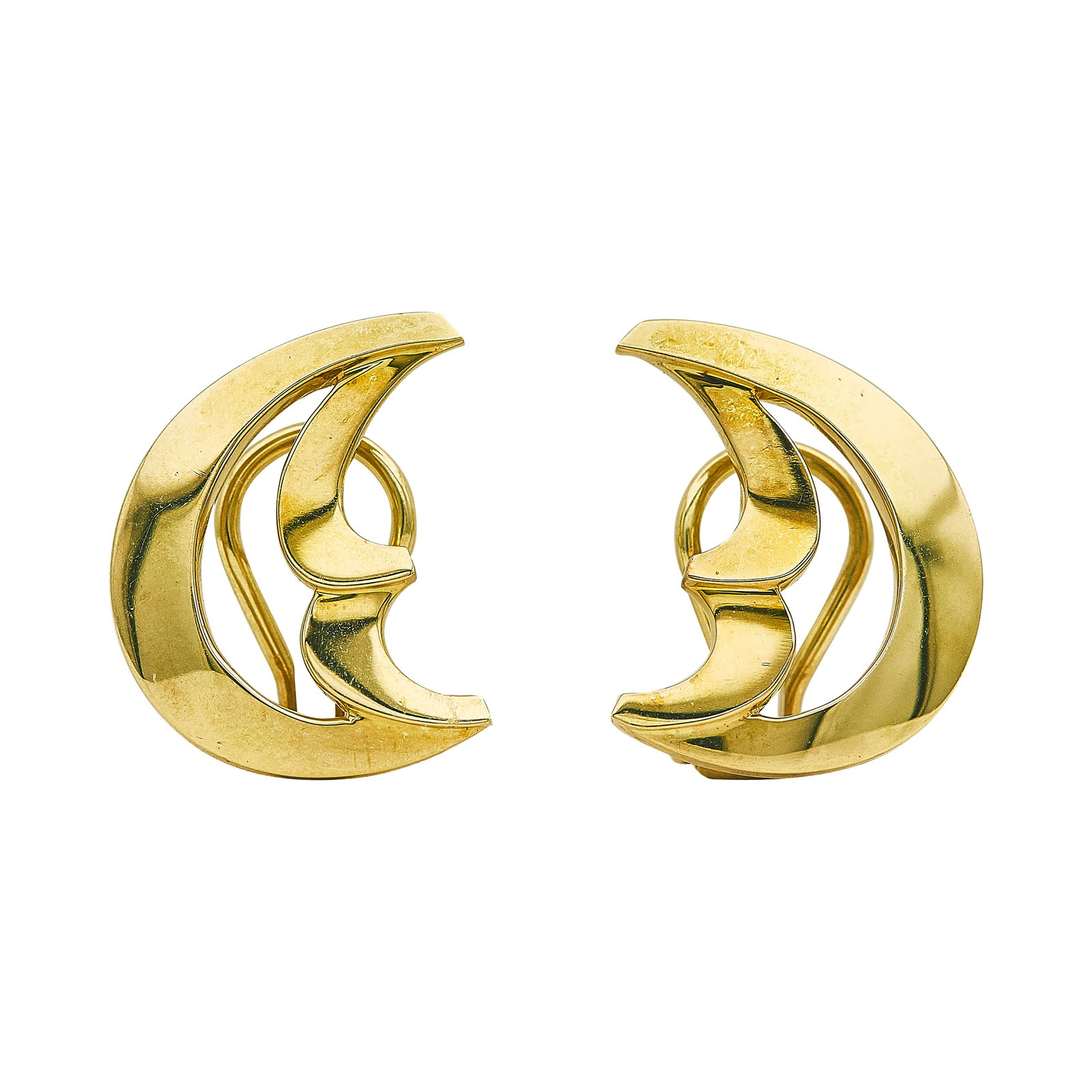 Paloma Picasso for Tiffany & Co. 18K Yellow Moon Gold Earrings: BRAND: Paloma Picasso for Tiffany & Co.; METAL: 18K Yellow Gold; STAMPED: © Paloma Picasso, Tiffany & Co.; CONDITION: Pre-owned, Very Good; ITEM WEIGHT (GRAMS): 12.4 g; MEASUREMENTS: Earrings 7/8 inc