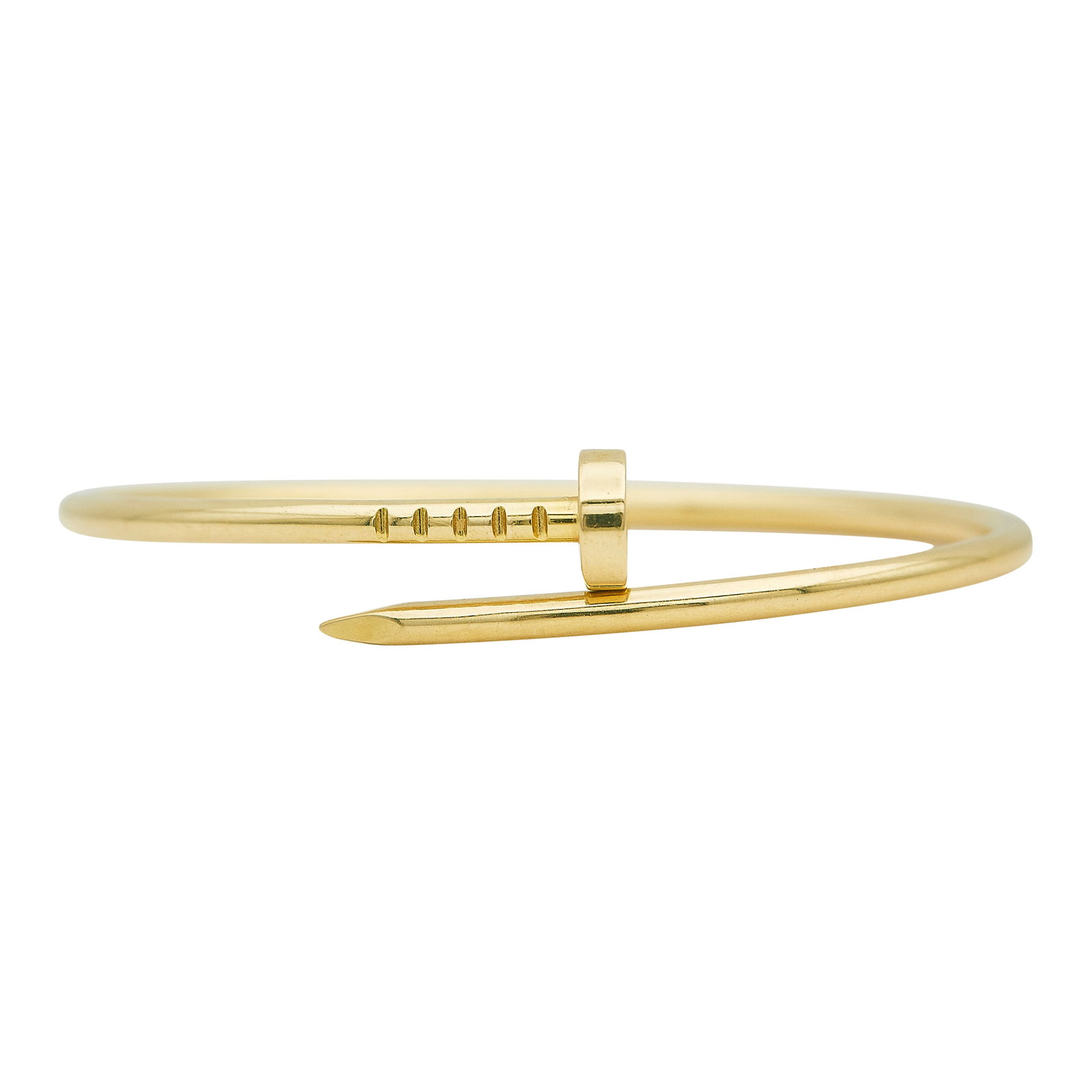 Cartier Juste un Clou 18K Yellow Gold Bangle Bracelet: BRAND: Cartier; COLLECTION: Juste un Clou; METAL: 18K Yellow Gold; STAMPED: Cartier, 14, numbered, Au750, workshop mark; CONDITION: Pre-owned, Very Good; ITEM WEIGHT (GRAMS): 8.52 g; MEASUREMENTS: Car