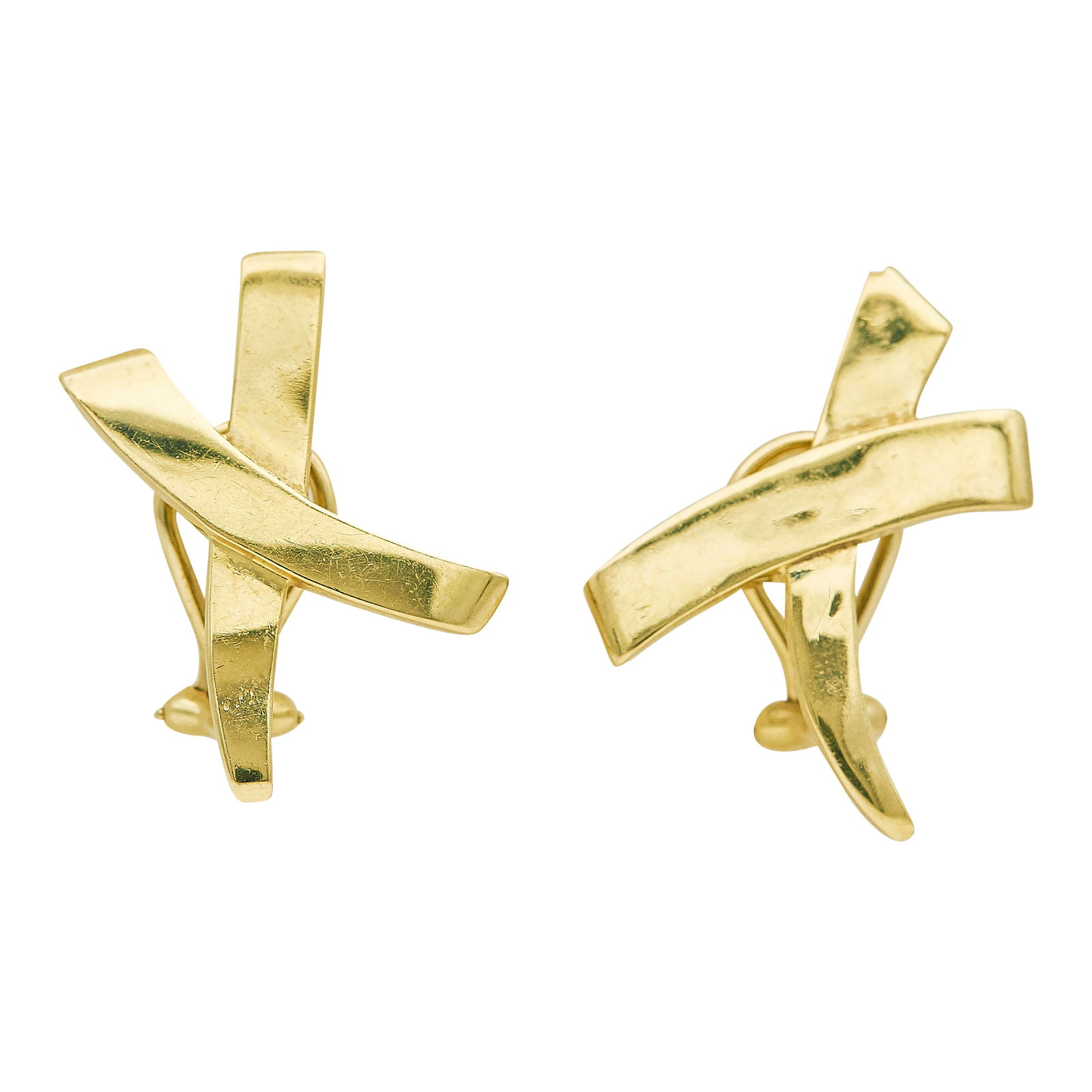 Paloma Picasso For Tiffany & Co. 18K Yellow Gold Graffiti X Clip-On Drop Earrings: BRAND: Paloma Picasso for Tiffany & Co.; METAL: 18K Yellow Gold; STAMPED: TIFFANY & CO, paloma picasso, 750; CONDITION: Pre-owned, Good; ITEM WEIGHT (GRAMS): 9.4 g; MEASUREMENTS: Earrings measure appr