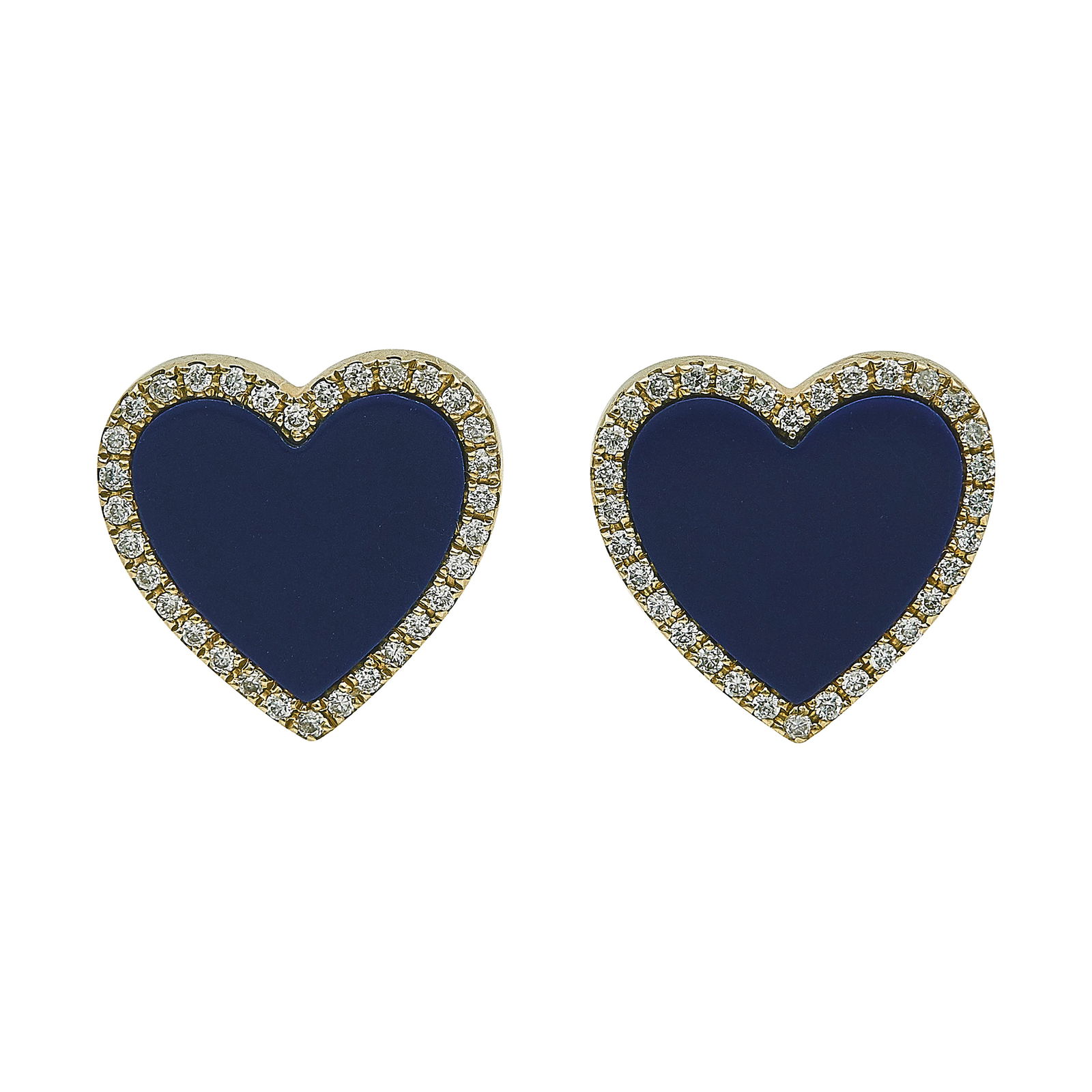 14K Yellow Gold Blue Jasper and Diamond Heart Stud Earrings: METAL: 14K Yellow Gold; APPROXIMATE TOTAL DIAMOND WEIGHT: 0.11 ctw; GEMSTONES: Blue Jasper; STAMPED: 14K d0.11ct; CONDITION: Pre-owned, Very Good; ITEM WEIGHT (GRAMS): 2.9 g; MEASUREMENTS: Earrings 1/