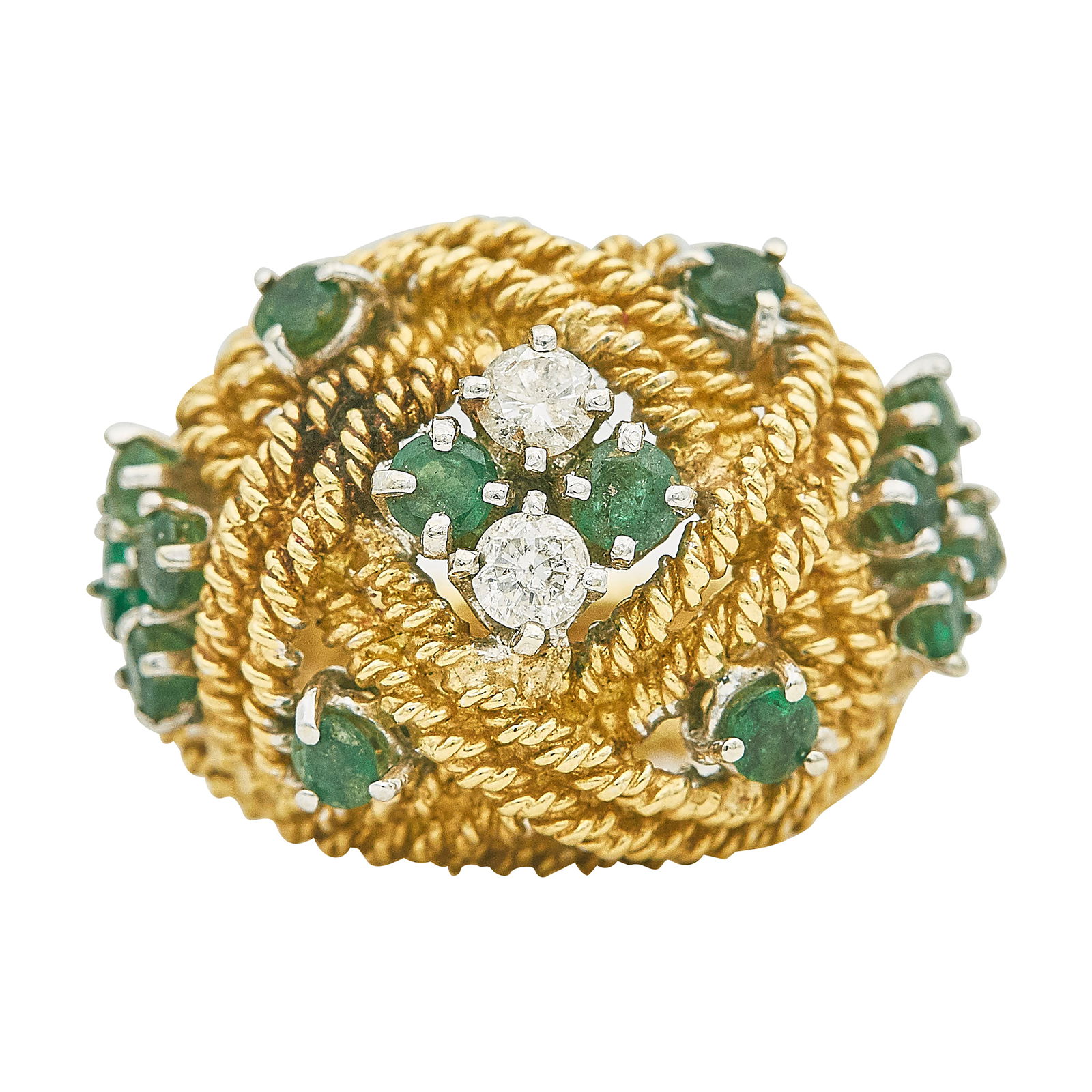 18K Yellow Gold Emerald And Diamond Twisted Openwork Bombe Ring: METAL: 18K Yellow Gold; APPROXIMATE TOTAL DIAMOND WEIGHT: 0.25 ctw; GEMSTONES: Emeralds weighing approx. 1.25 cttw, weight estimated by formula; TESTED: 18K Yellow Gold; CONDITION: Pre-owned, Good; IT
