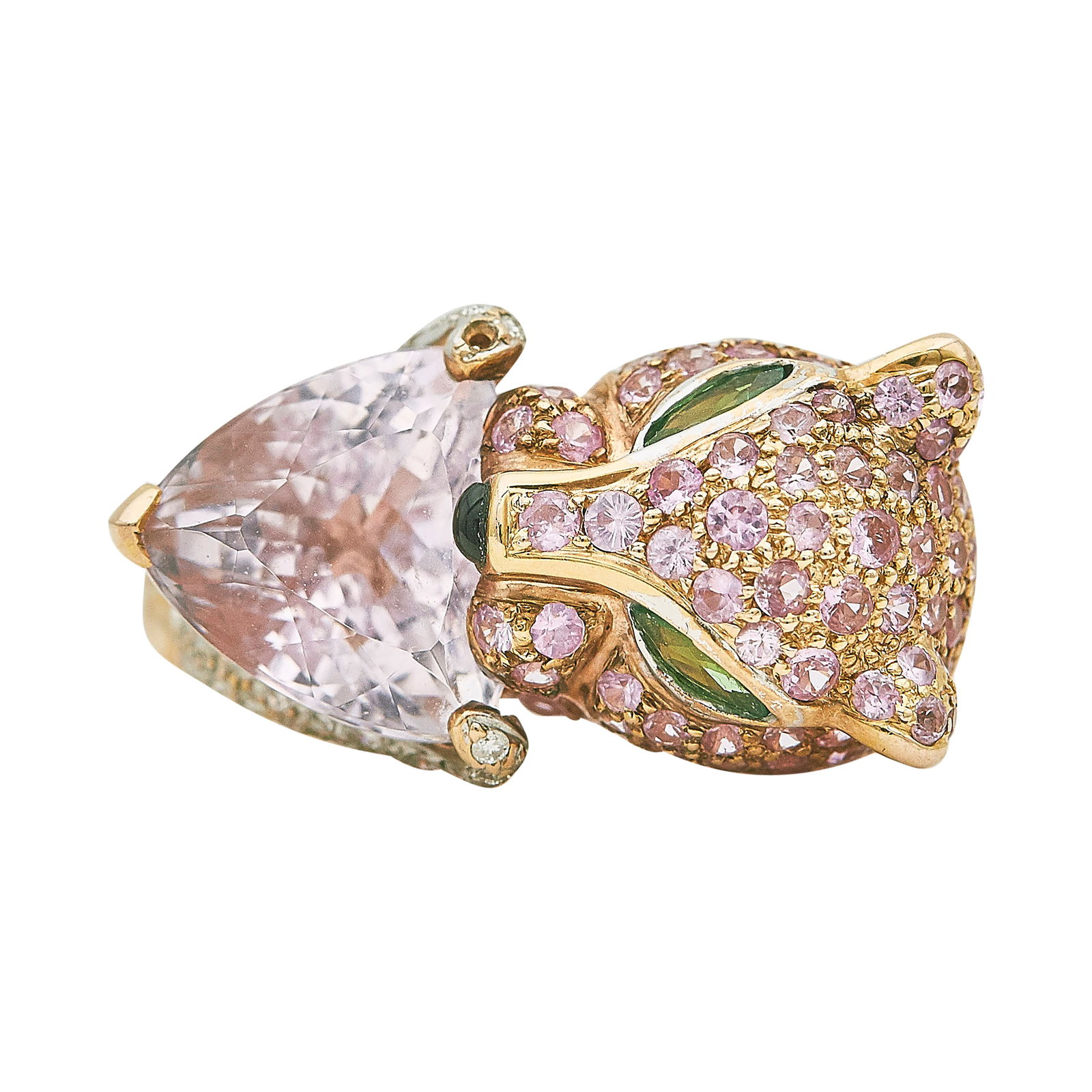 14K Yellow Gold Diamond And Multi-Gemstone Jaguar Ring: METAL: 14K Yellow Gold; APPROXIMATE TOTAL DIAMOND WEIGHT: 0.37 ctw; GEMSTONES: Topaz weighing 7.17 carats, Pink sapphires weighing 3.27 cttw, Tsavorites weighing approx. 0.15 cttw, colored stone weigh