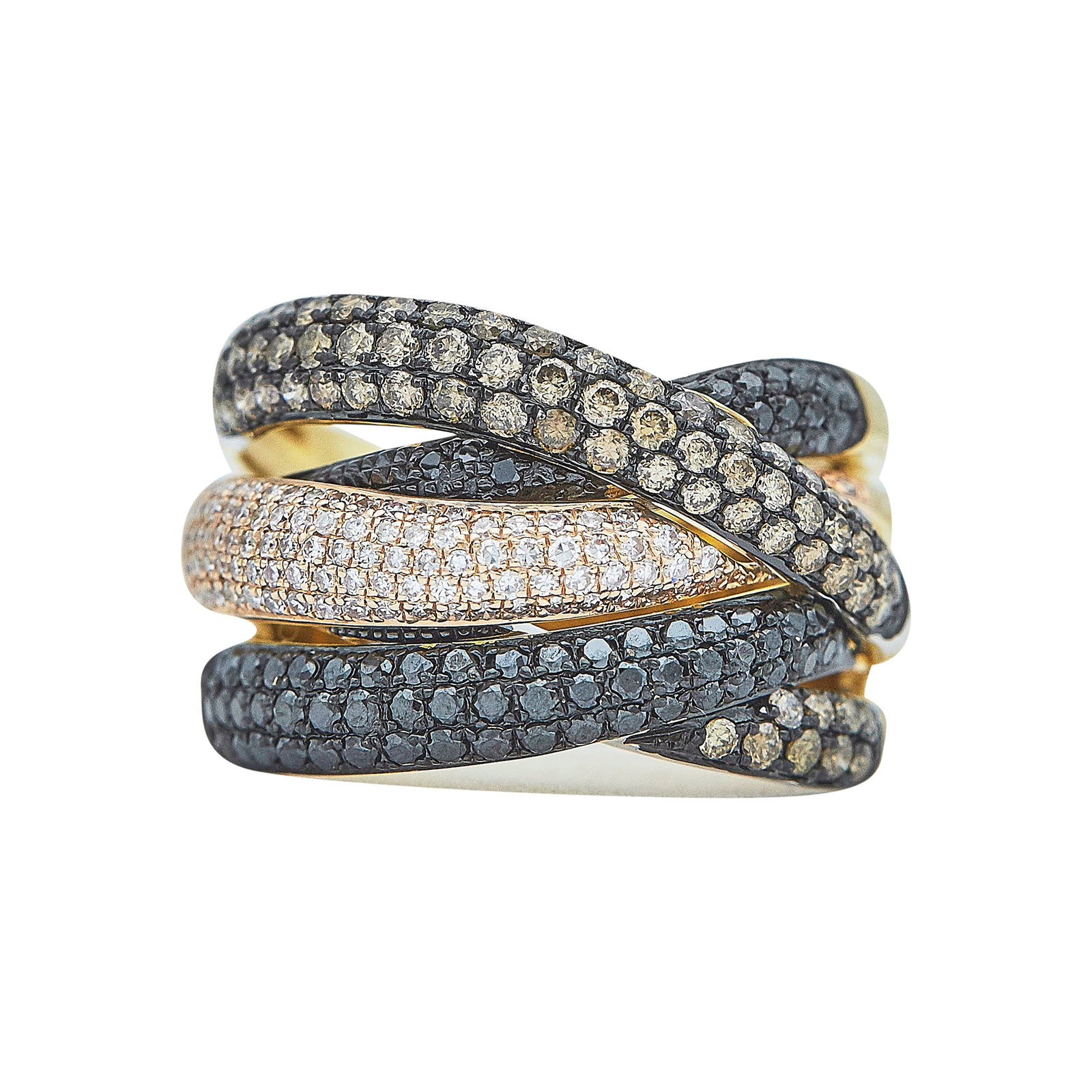 EFFY 14K Rose Gold Pave Black & White Diamond Band Ring: BRAND: EFFY; METAL: 14K Rose Gold; APPROXIMATE TOTAL DIAMOND WEIGHT: 0.66 ctw; GEMSTONES: Fancy colored diamonds approx. 2.07 carats; STAMPED: EFFY 14K; CONDITION: Pre-owned, Very Good; ITEM WEIGHT (G