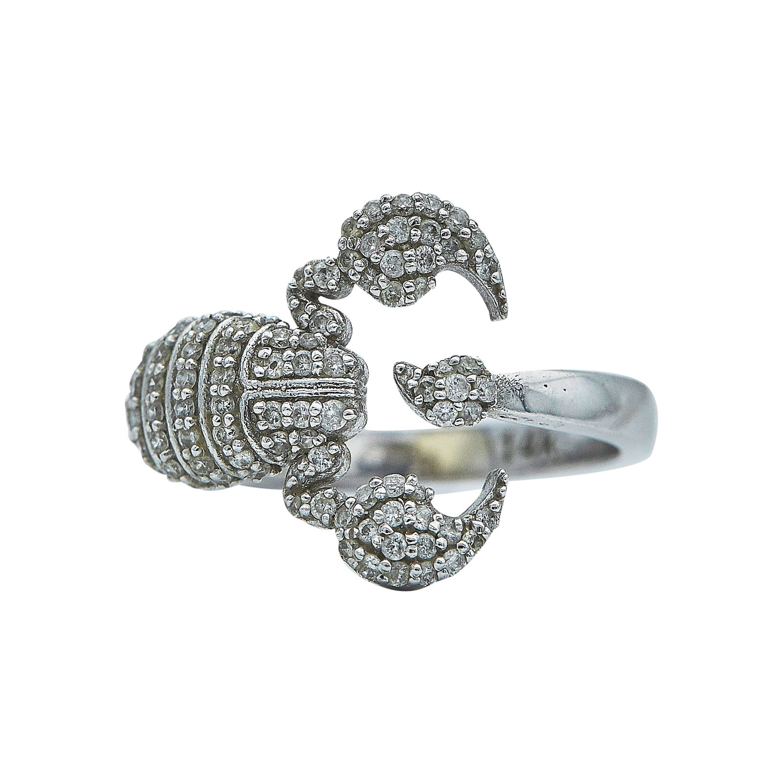 14K White Gold and Diamond Scorpion Ring: METAL: 14K White Gold; APPROXIMATE TOTAL DIAMOND WEIGHT: 0.43 ctw; STAMPED: 14K; CONDITION: Pre-owned, Good; ITEM WEIGHT (GRAMS): 4.05 g; MEASUREMENTS: Ring size 7 1/2