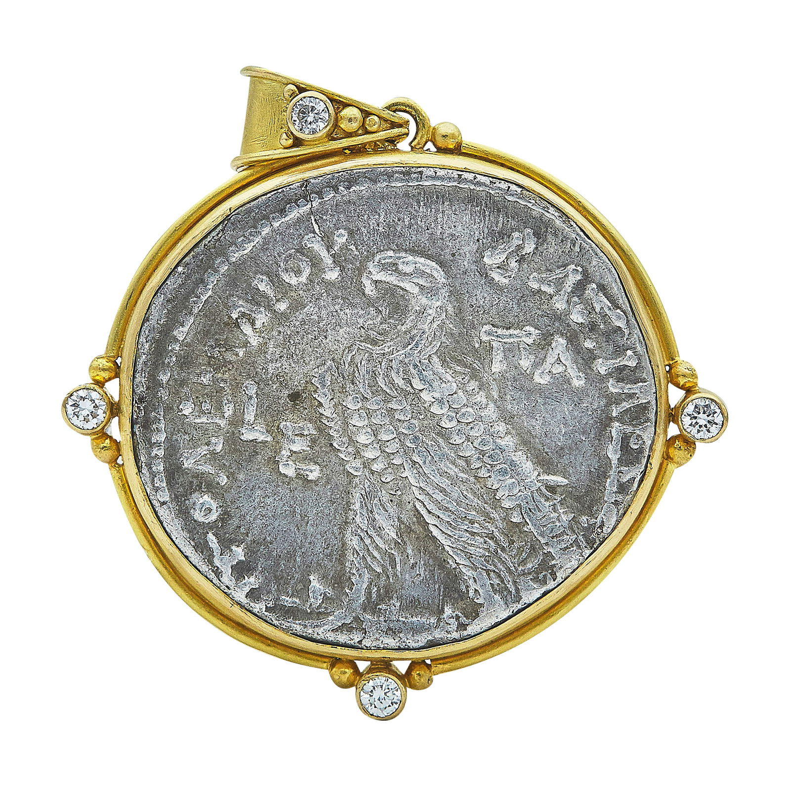 18K Yellow Gold, Silver Coin and Diamond Pendant: METAL: 18K Yellow Gold, Silver; APPROXIMATE TOTAL DIAMOND WEIGHT: 0.12 ctw; STAMPED: 18K; CONDITION: Pre-owned, Good; ITEM WEIGHT (GRAMS): 17.89 g; MEASUREMENTS: Pendant 1 1/2 inches long