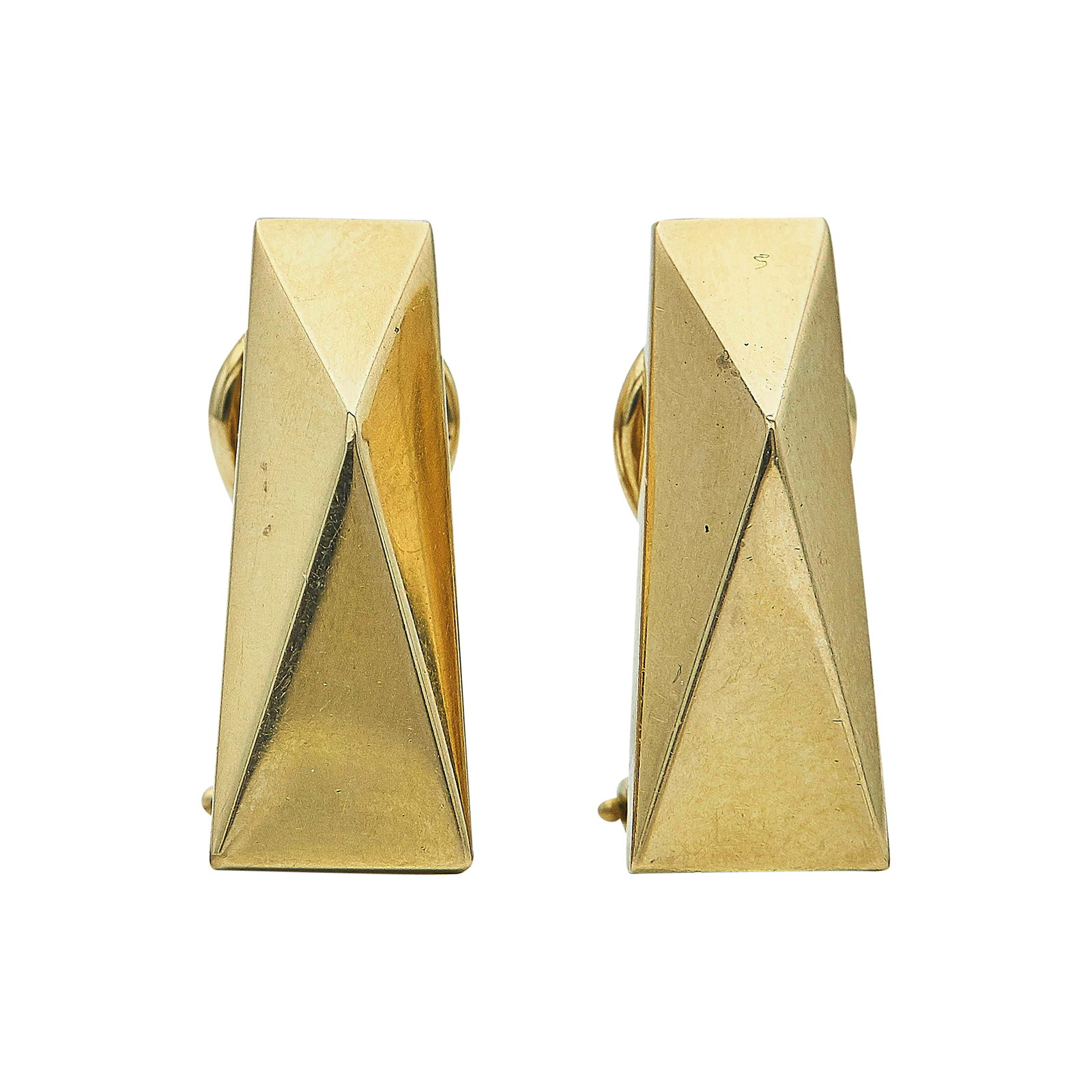 Versace 18K Yellow Gold Geometric Earrings: BRAND: Versace; METAL: 18K Yellow Gold; STAMPED: VERSACE, 750; TESTED: 18K Yellow Gold; CONDITION: Pre-owned, Very Good; ITEM WEIGHT (GRAMS): 11.3 g; MEASUREMENTS: Earrings 7/8 inch long; ADDITIONAL