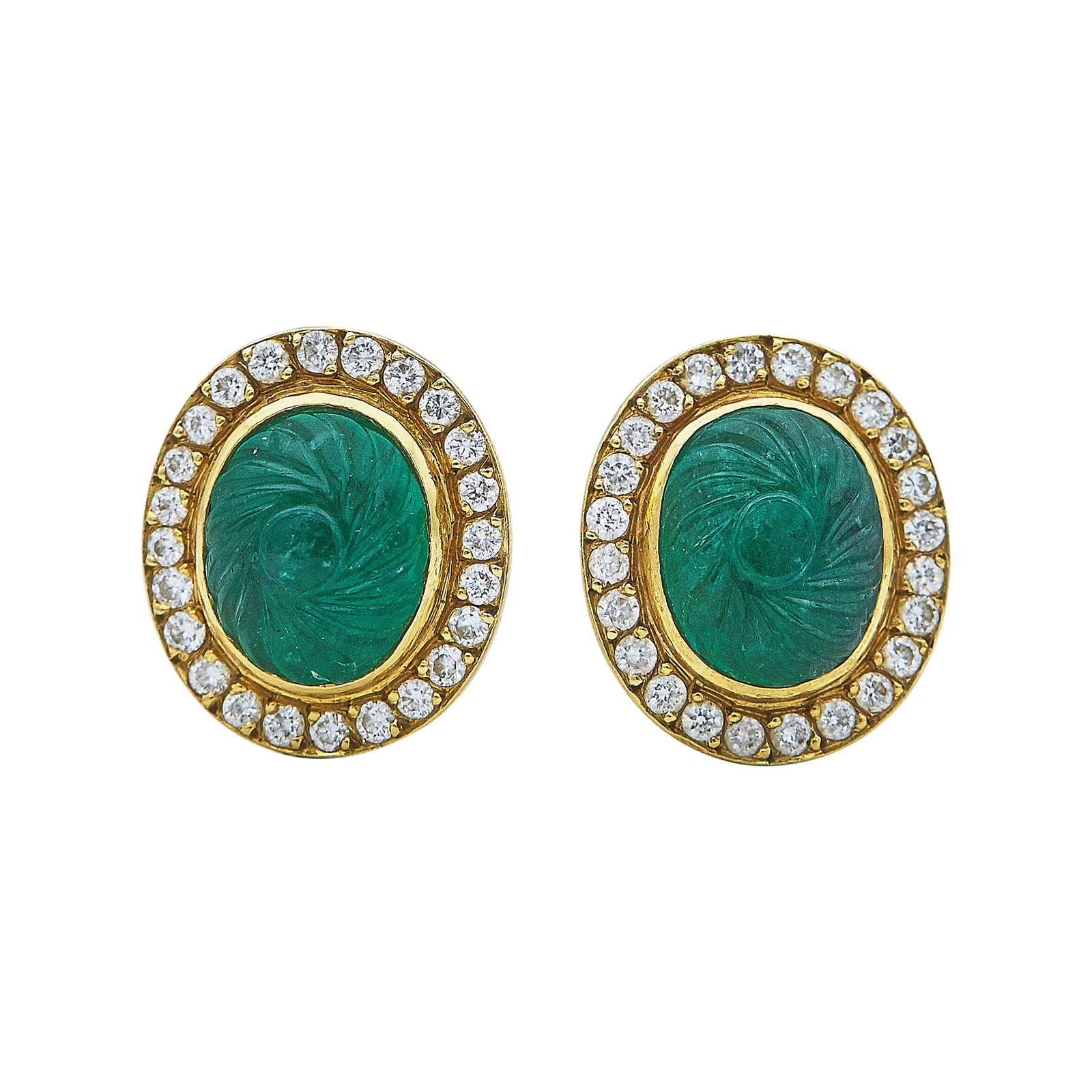 18K Yellow Gold Carved Emerald and Diamond Earrings: METAL: 18K Yellow Gold; APPROXIMATE TOTAL DIAMOND WEIGHT: 0.26 ctw; GEMSTONES: Emeralds approx. 9.40 mm x 7.50 mm; STAMPED: Backs marked: 750, Mecan, AL, Maker's Mark, PA; TESTED: 18K Yellow Gold; CON