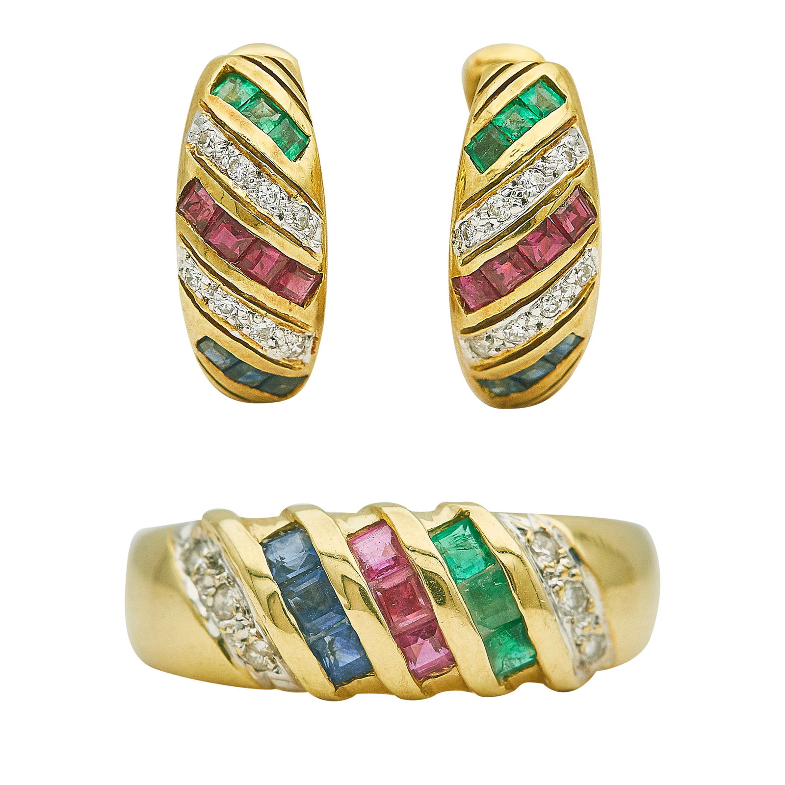 18K Yellow Gold Diamond, Emerald, Ruby, and Sapphire Earring and Ring Set (1 of 5)