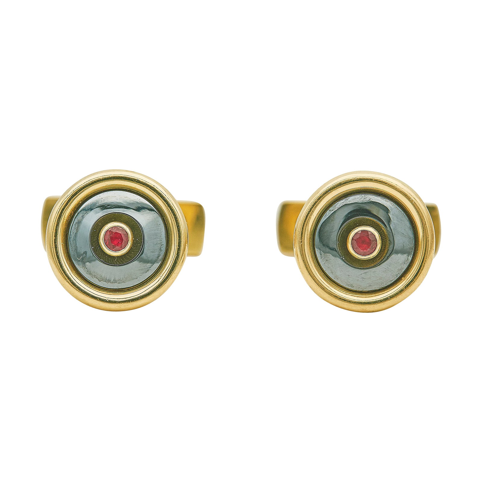 Bulgari 18K Yellow Gold Hematite and Ruby Cufflinks: BRAND: Bulgari; METAL: 18K Yellow Gold; GEMSTONES: Hematite, Ruby; STAMPED: Bvlgari, Maker's Mark,750; CONDITION: Pre-owned, Very Good; ITEM WEIGHT (GRAMS): 16.2 g; MEASUREMENTS: Cufflinks are 1 inch