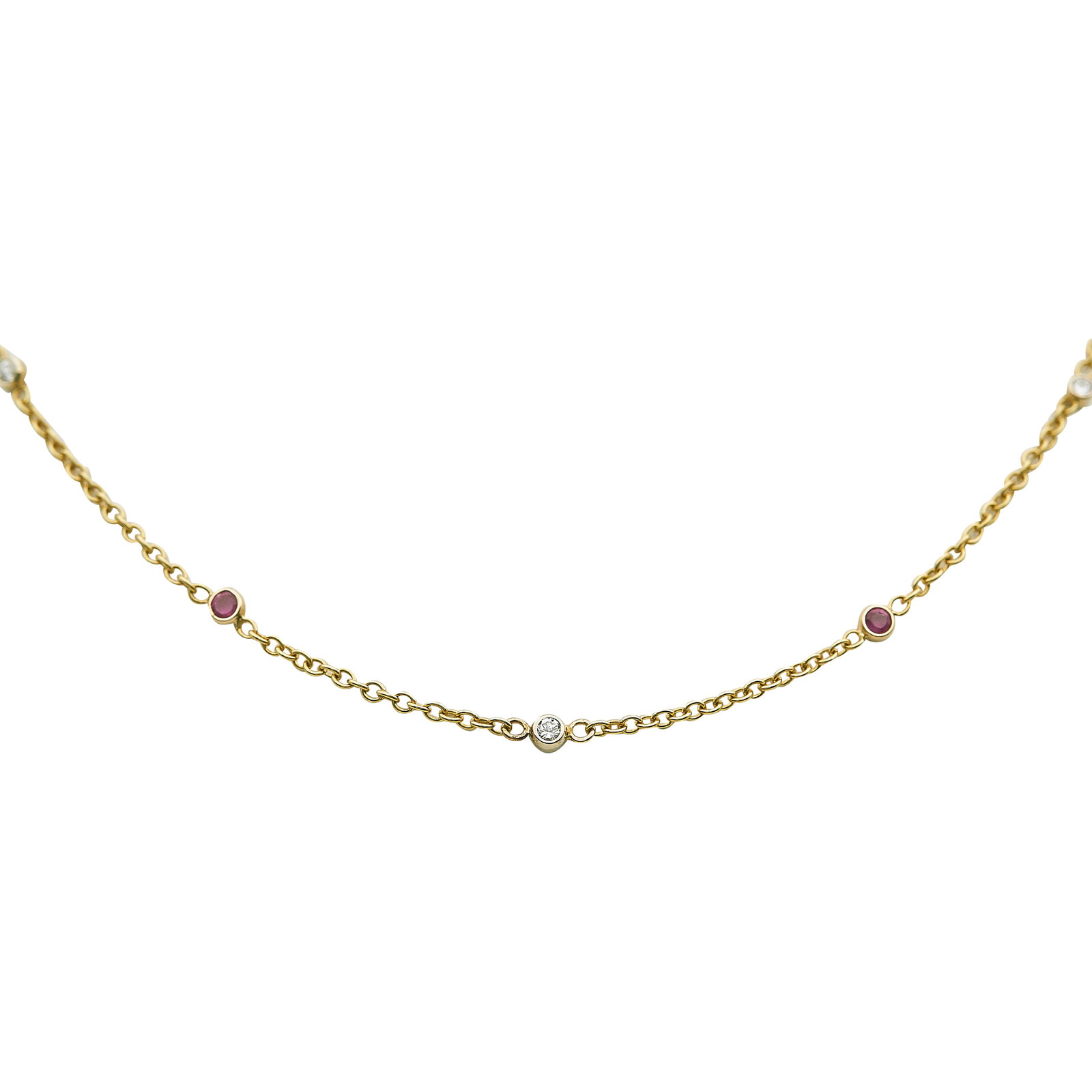 18k Yellow Gold Diamond and Pink Sapphire Chain Necklace: METAL: 18K Yellow Gold; APPROXIMATE TOTAL DIAMOND WEIGHT: 0.09 ctw; GEMSTONES: Pink Sapphire; STAMPED: 750, Italy, Maker's Mark; CONDITION: Pre-owned, Very Good; ITEM WEIGHT (GRAMS): 3.3 g; MEASUREMEN
