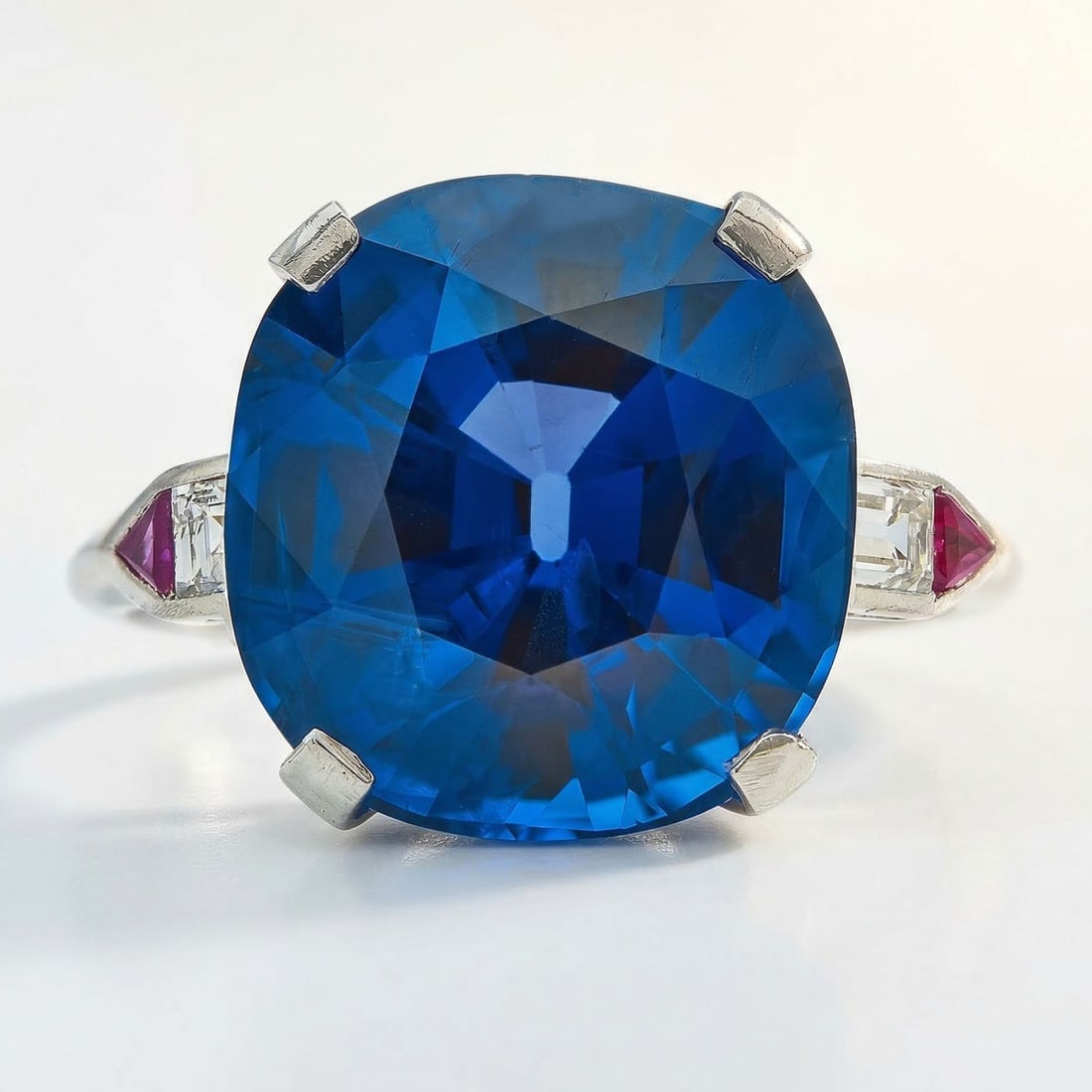 12.32 Carat Cushion Cut Burmese Sapphire Platinum Ring with Diamond and Ruby Accents: IF YOU ARE INTERESTED IN BIDDING ON THIS ITEM, PLEASE CONTACT US DIRECTLY FOR APPROVAL VIA EMAIL AT SUPPORT@HAMPTONAUCTION.COM OR TEXT/CALL +1 855.226.4496. METAL: Platinum; APPROXIMATE TOTAL DIAMOND