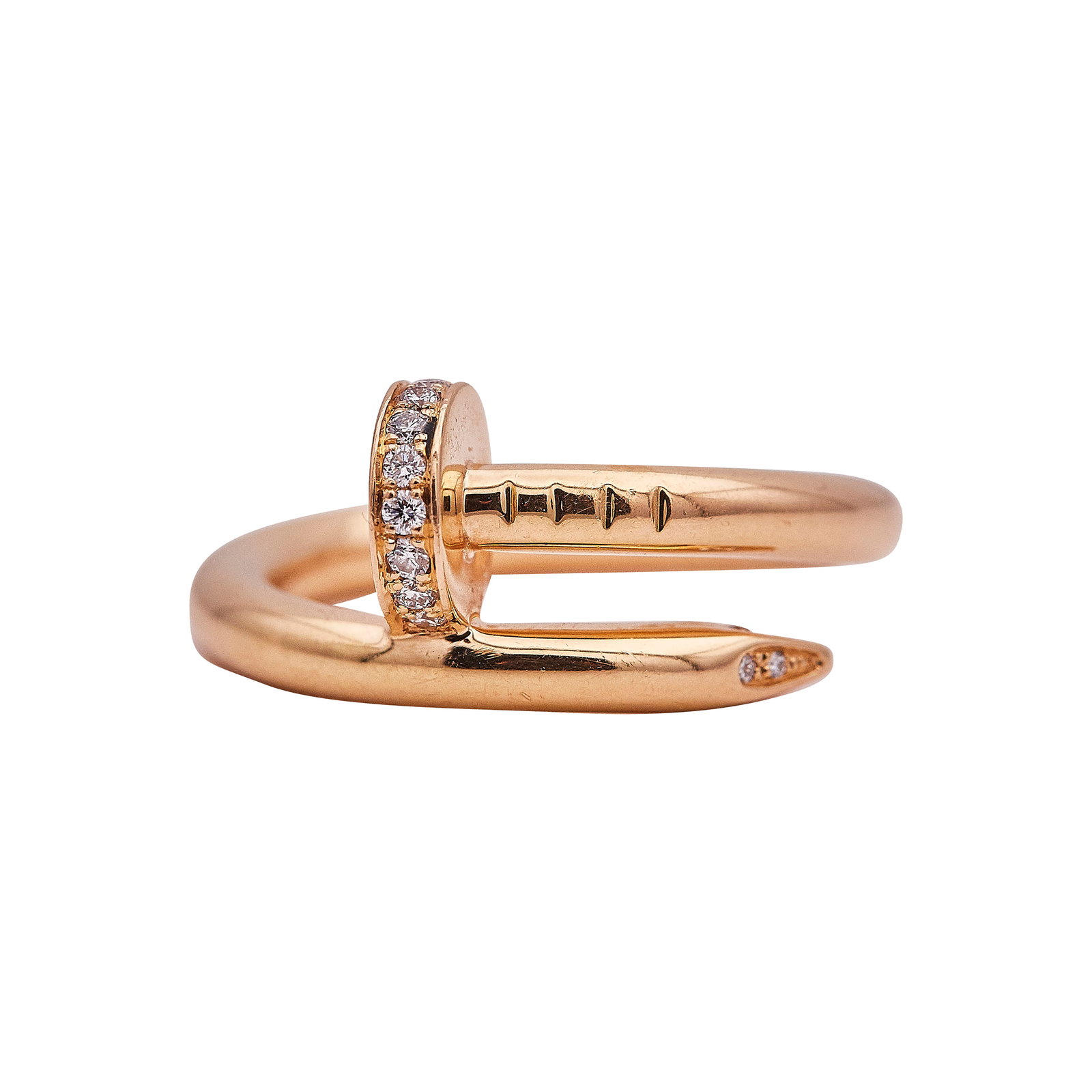 18K Yellow Gold and Diamond Nail Ring: METAL: 18K Yellow Gold; APPROXIMATE TOTAL DIAMOND WEIGHT: 0.16 ctw; STAMPED: Au750; CONDITION: Pre-owned, Good; ITEM WEIGHT (GRAMS): 7.58 g; MEASUREMENTS: Ring size 6; ADDITIONAL COMMENTS: Spurious ma