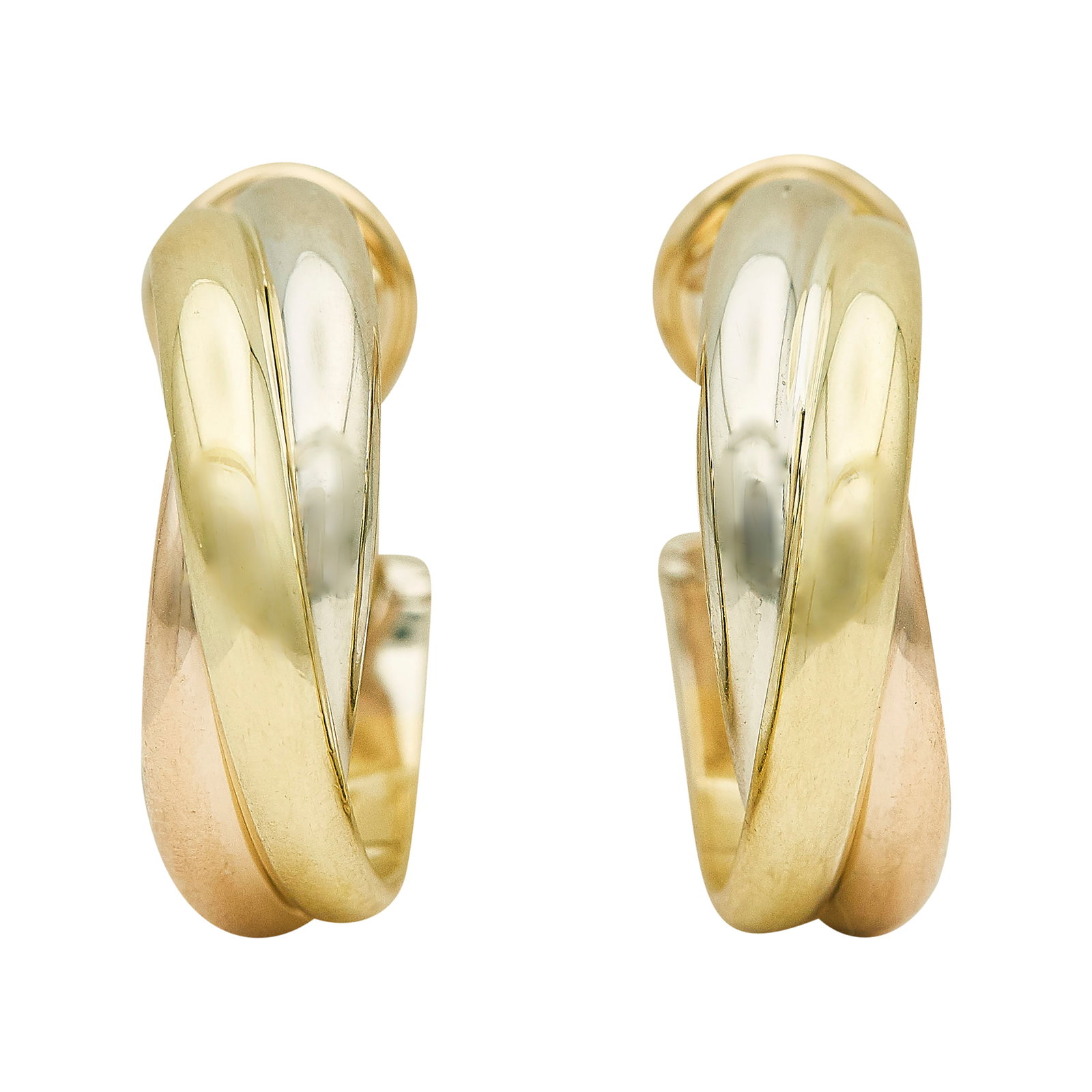 Cartier Trinity 18K Tri-Color Gold Hoop Earrings: BRAND: Cartier; METAL: 18K Tri-Color; STAMPED: 750, Cartier, serial number; CONDITION: Pre-owned, Excellent; ITEM WEIGHT (GRAMS): 18.6 g; MEASUREMENTS: Earrings 7/8 inch in diameter; ADDITIONAL COMMEN