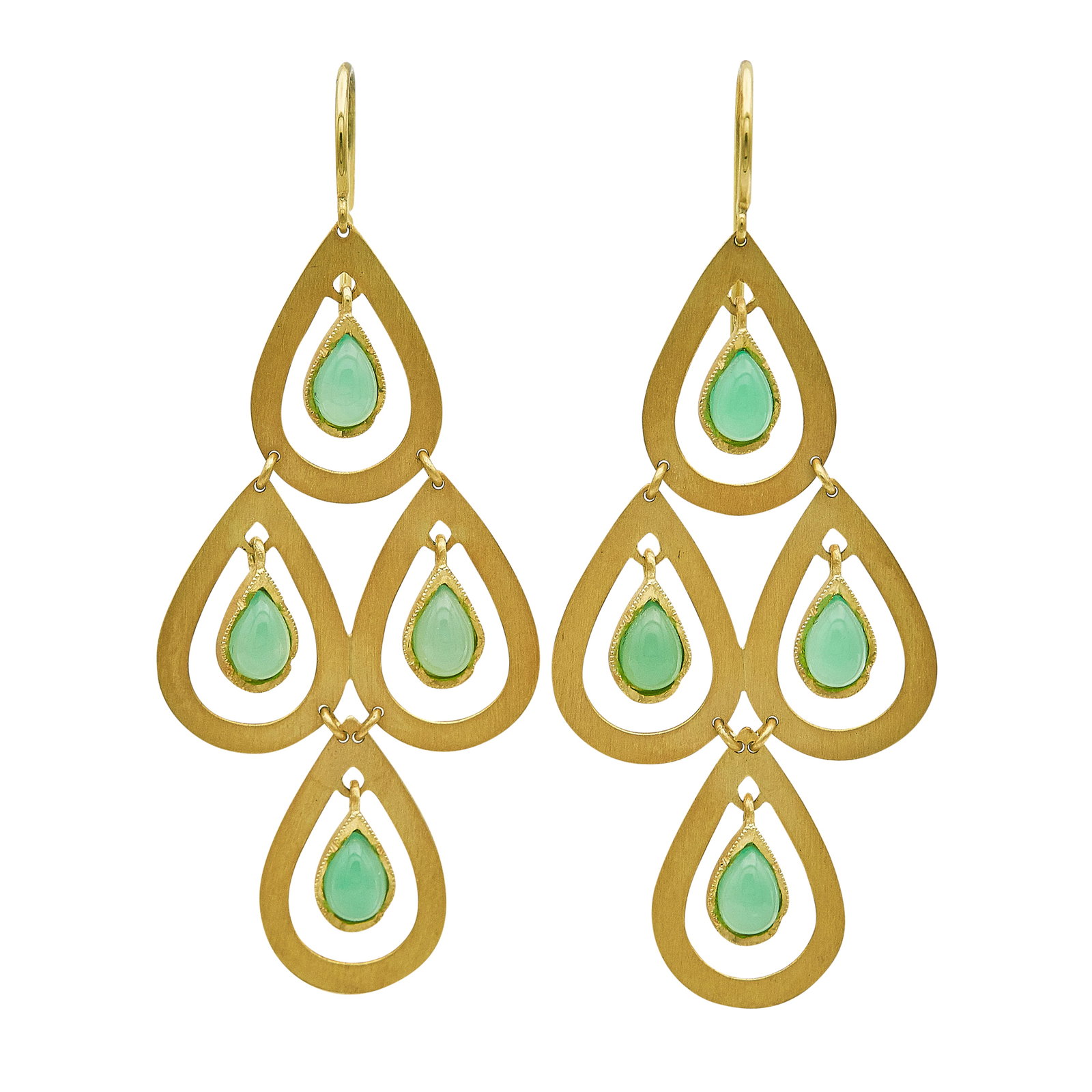 Irene Neuwirth 18K Yellow Gold and Chrysoprase Pendant Earrings: BRAND: Irene Neuwirth; METAL: 18K Yellow Gold; GEMSTONES: Chrysoprase; STAMPED: IN, 18K; CONDITION: Pre-owned, Very Good; ITEM WEIGHT (GRAMS): 7.6 g; MEASUREMENTS: Earrings 1 7/16 inch long; ADDITIONA