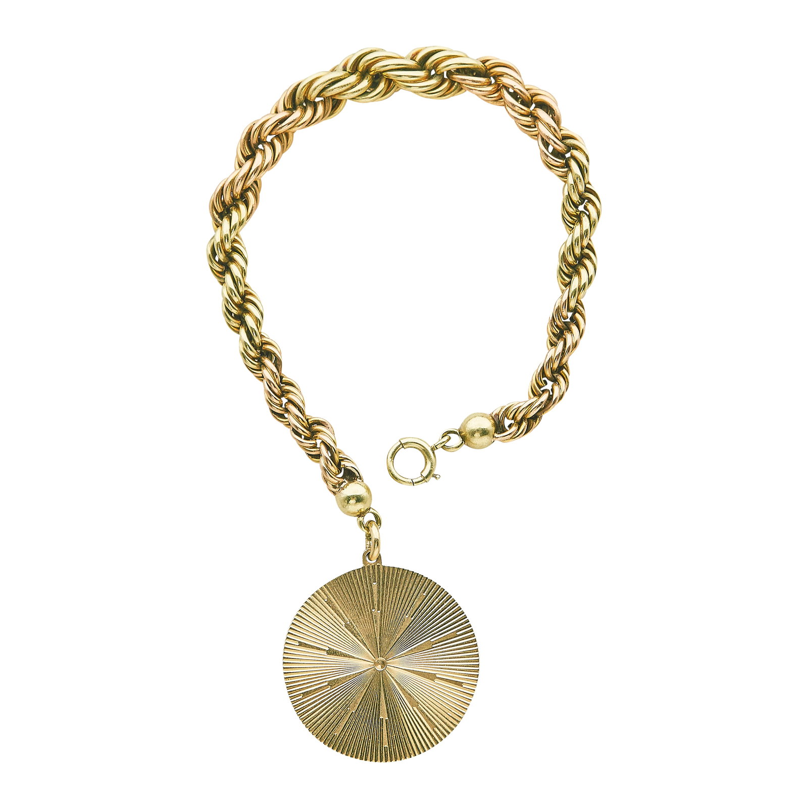 14K Yellow and Rose Gold Rope Chain Charm Bracelet: METAL: 14K Yellow Gold/Rose Gold; STAMPED: Charm marked: 14K; TESTED: 14K Yellow Gold/Rose Gold; CONDITION: Pre-owned, Very Good; ITEM WEIGHT (GRAMS): 29.8 g; MEASUREMENTS: Bracelet 7 inches long, Cha