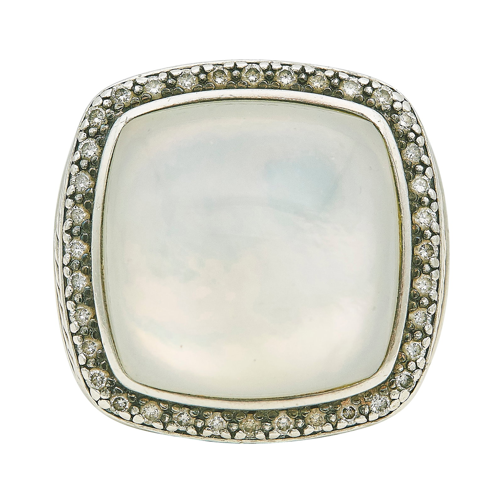 David Yurman Sterling Silver Moonstone and Mother of Pearl Doublet and Diamond Cocktail Ring: BRAND: David Yurman; METAL: Silver; APPROXIMATE TOTAL DIAMOND WEIGHT: 0.53 ctw; GEMSTONES: Moonstone and Mother of Pearl doublet approx. 19.70mm x 19.70mm; STAMPED: 925, © D.Y.; CONDITION: Pre-owned,