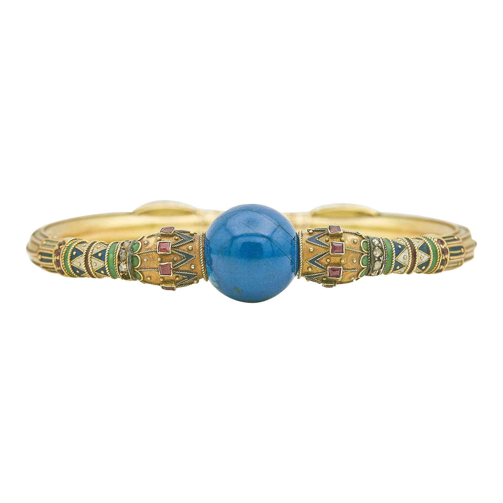 Antique Etruscan Revival 14K Yellow Gold Lapis, Ruby, Rose Cut Diamond and Enamel Bracelet: METAL: 14K Yellow Gold; GEMSTONES: Lapis, Ruby, Enamel; STAMPED: 585, European hallmarks; CONDITION: Pre-owned, Good; ITEM WEIGHT (GRAMS): 30.3 g; MEASUREMENTS: Interior width 2 10/16 inch wide; ADDIT