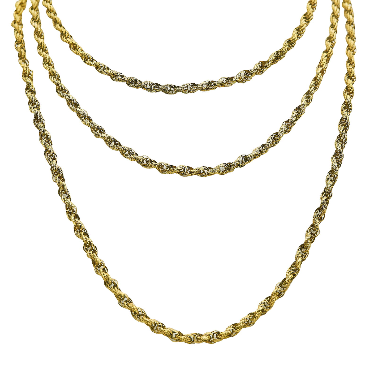 Georgian 14K Yellow Gold Muff Chain with Dog Clip Clasp: METAL: 14K Yellow Gold; STAMPED: Clasp marked: 14; TESTED: 14K Yellow Gold; CONDITION: Pre-owned, Good; ITEM WEIGHT (GRAMS): 29.2 g; MEASUREMENTS: Chain 59 inches long; ADDITIONAL COMMENTS: Missing a