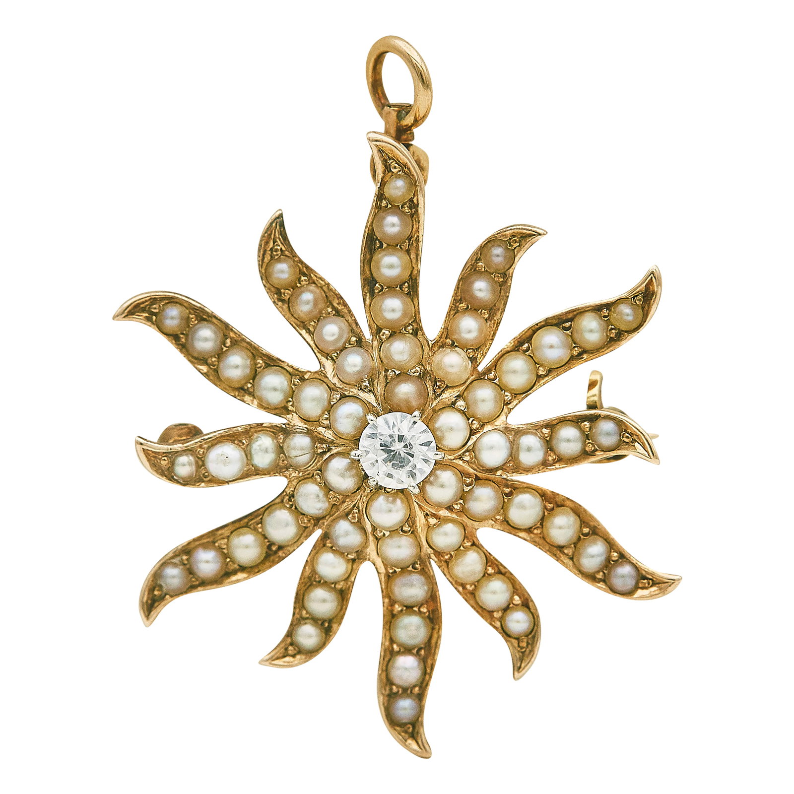 14K Yellow Gold Split Pearl and Diamond Simulant Pendant Brooch (1 of 3)