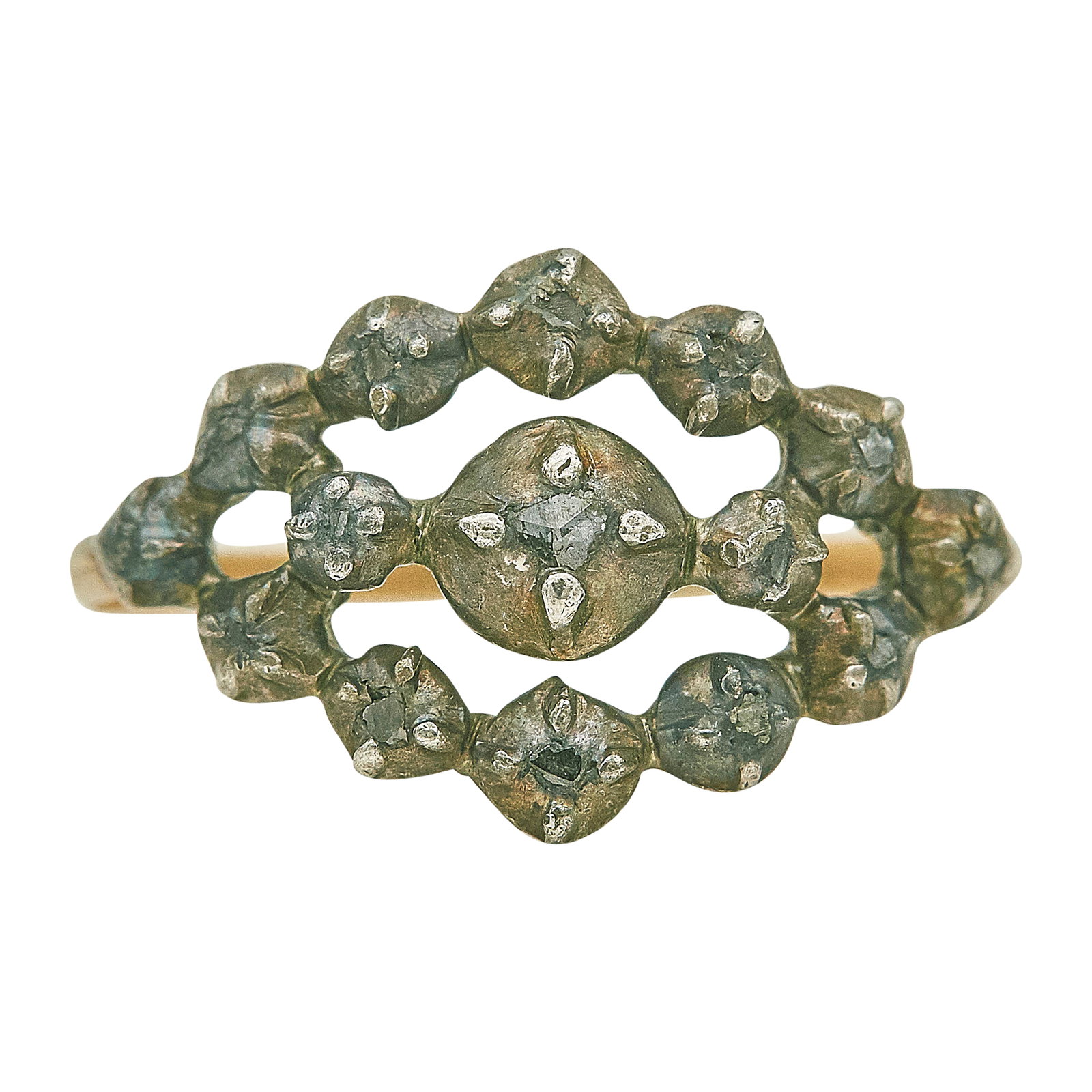 Antique Silver Topped 18K Rose Gold and Rose Cut Diamond Ring: METAL: 18K Rose Gold, Silver; TESTED: 18K Rose Gold, Silver; CONDITION: Pre-owned, Good; ITEM WEIGHT (GRAMS): 2.49 g; MEASUREMENTS: Ring size 6 1/2; ADDITIONAL COMMENTS: Weight not available for rose