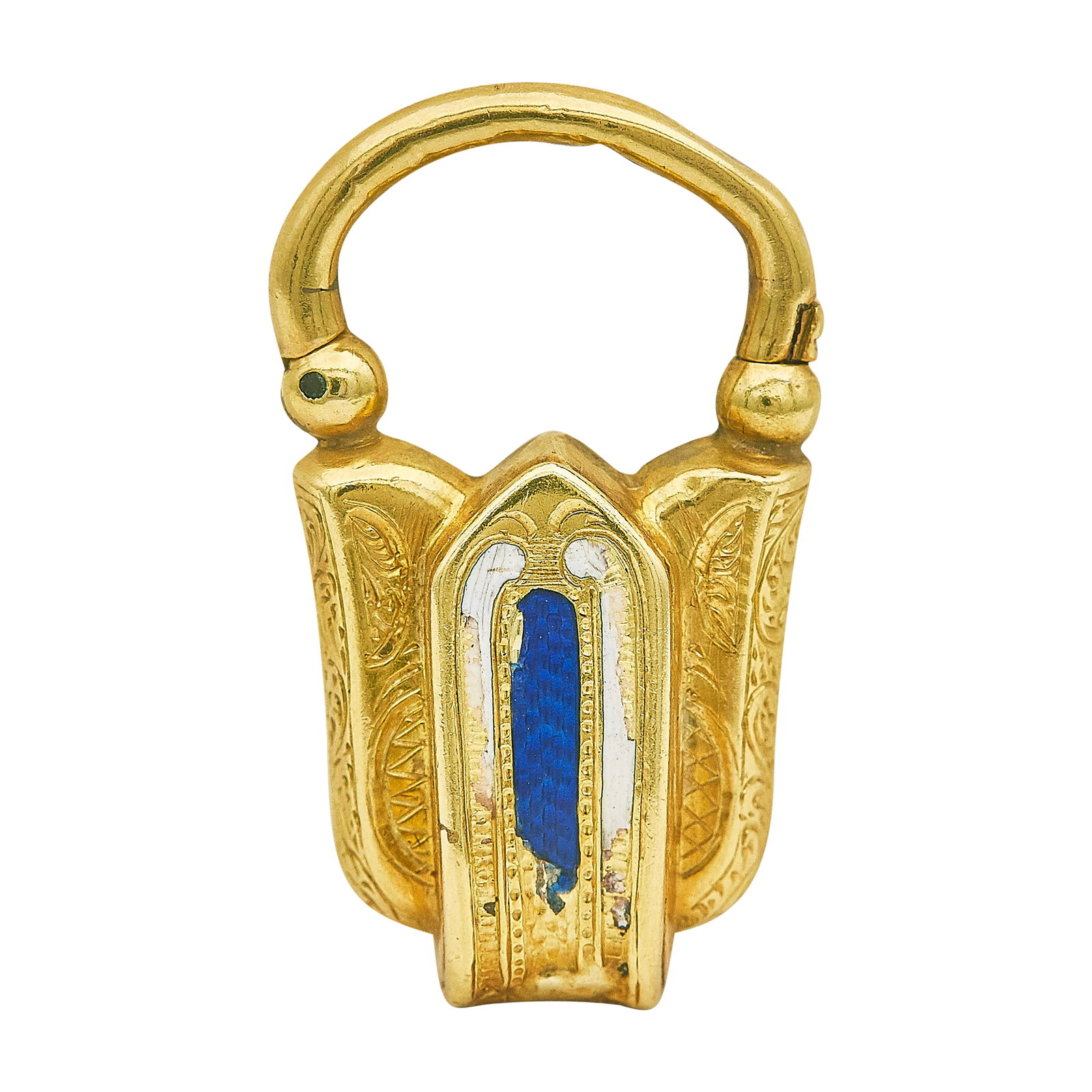 Antique 18K Yellow Gold and Enamel Padlock Locket Charm: METAL: 18K Yellow Gold; GEMSTONES: Enamel; TESTED: 18K Yellow Gold; CONDITION: Pre-owned, Good; ITEM WEIGHT (GRAMS): 4.32 g; MEASUREMENTS: Padlock 1 1/4 inch long; ADDITIONAL COMMENTS: Some losses to