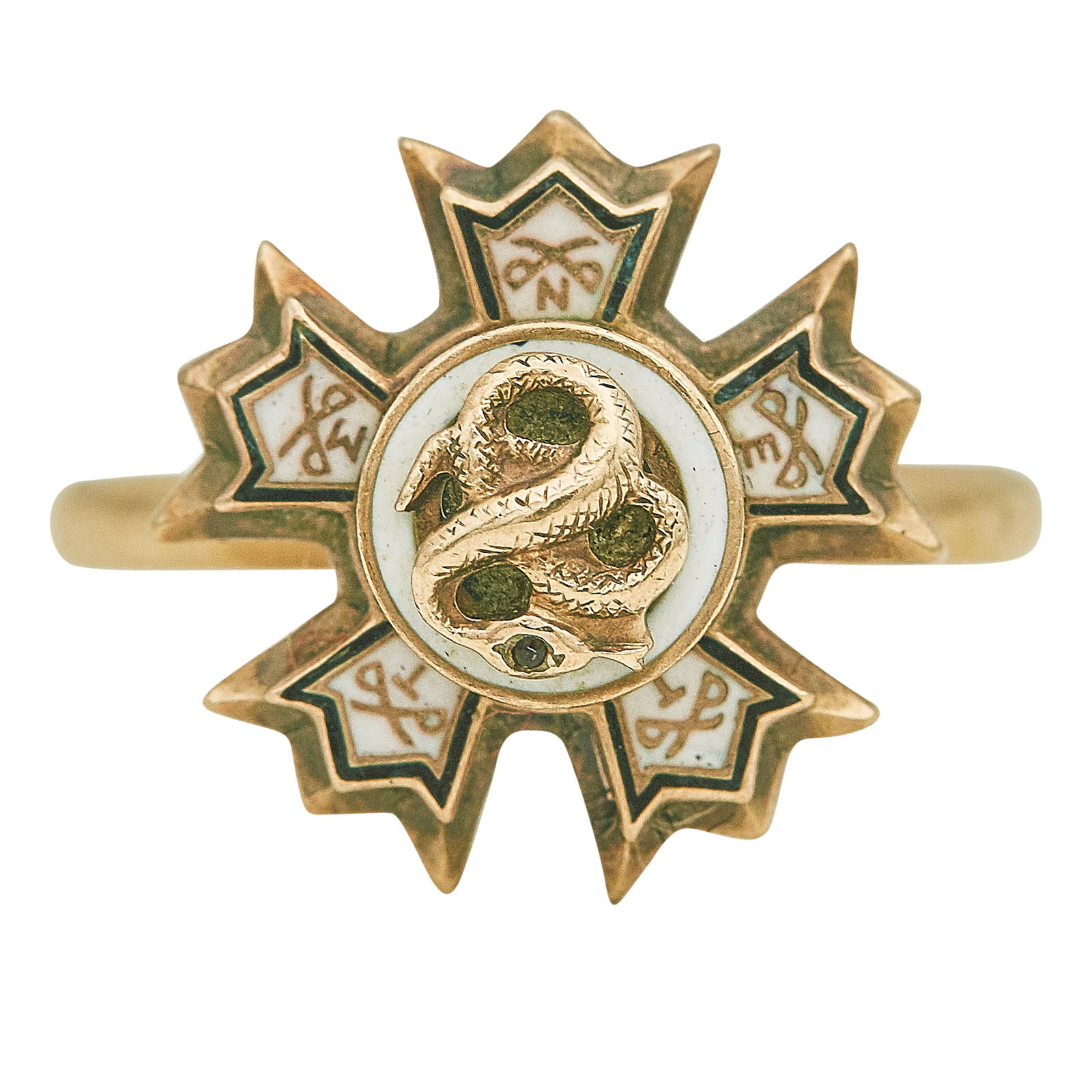 14K Yellow Gold and Enamel Ring: METAL: 14K Yellow Gold; GEMSTONES: Enamel; STAMPED: 14K, PRINCESS; CONDITION: Pre-owned, Good; ITEM WEIGHT (GRAMS): 5.6 g; MEASUREMENTS: Ring size 6; ADDITIONAL COMMENTS: Slight losses to enamel