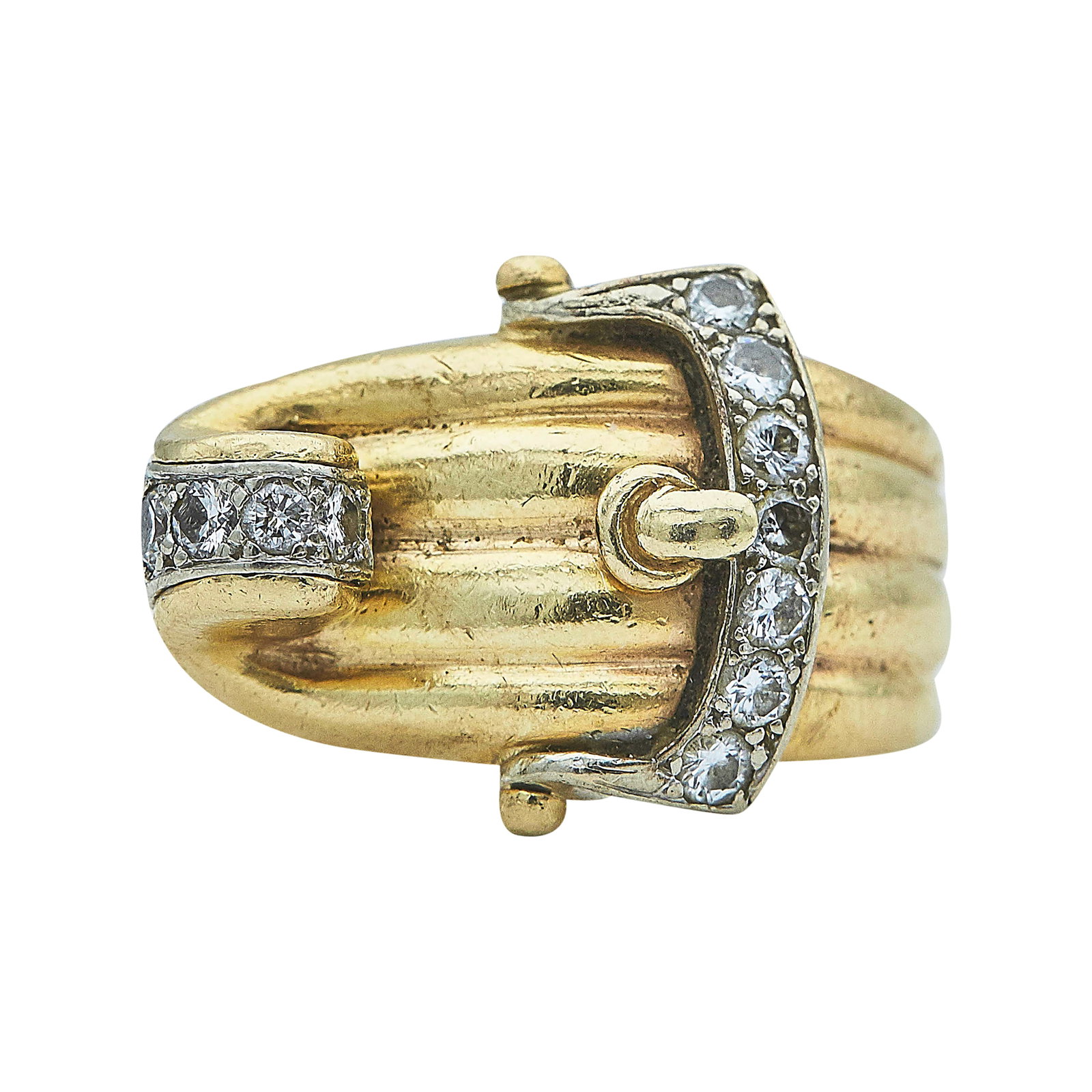 14K Yellow and White Gold Diamond Buckle Ring: METAL: 14K Yellow Gold/White Gold; STAMPED: Rubbed 14K mark, Rubbed makers marks; TESTED: 14K Yellow Gold/White Gold; CONDITION: Pre-owned, Good; ITEM WEIGHT (GRAMS): 16.43 g; MEASUREMENTS: Ring size