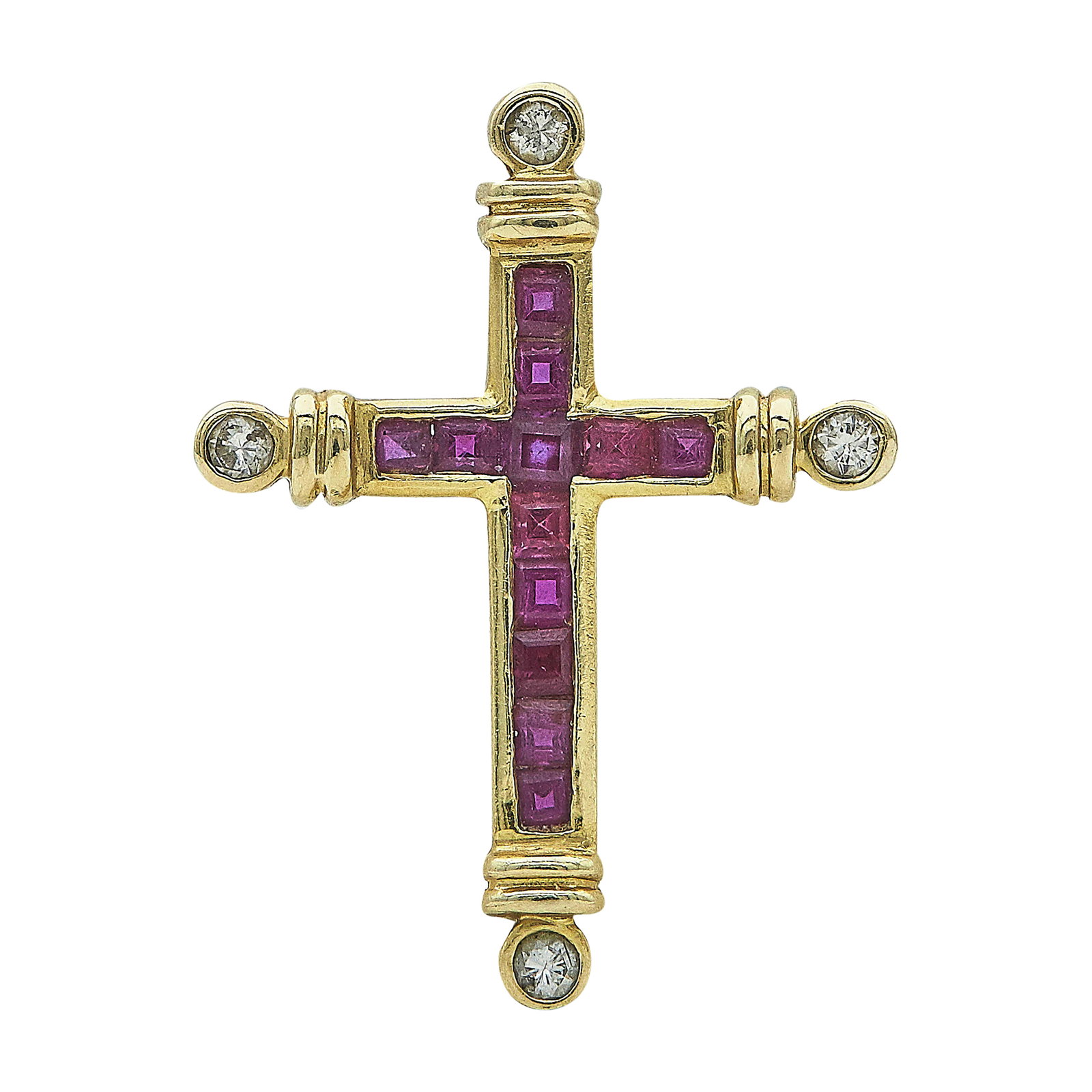 14K Yellow Gold Ruby and Diamond Cross Pendant: METAL: 14K Yellow Gold; APPROXIMATE TOTAL DIAMOND WEIGHT: 0.12 ctw; GEMSTONES: Ruby; STAMPED: 585; CONDITION: Pre-owned, Good; ITEM WEIGHT (GRAMS): 2.2 g; MEASUREMENTS: Pendant 1 1/16 inch long; Diamo