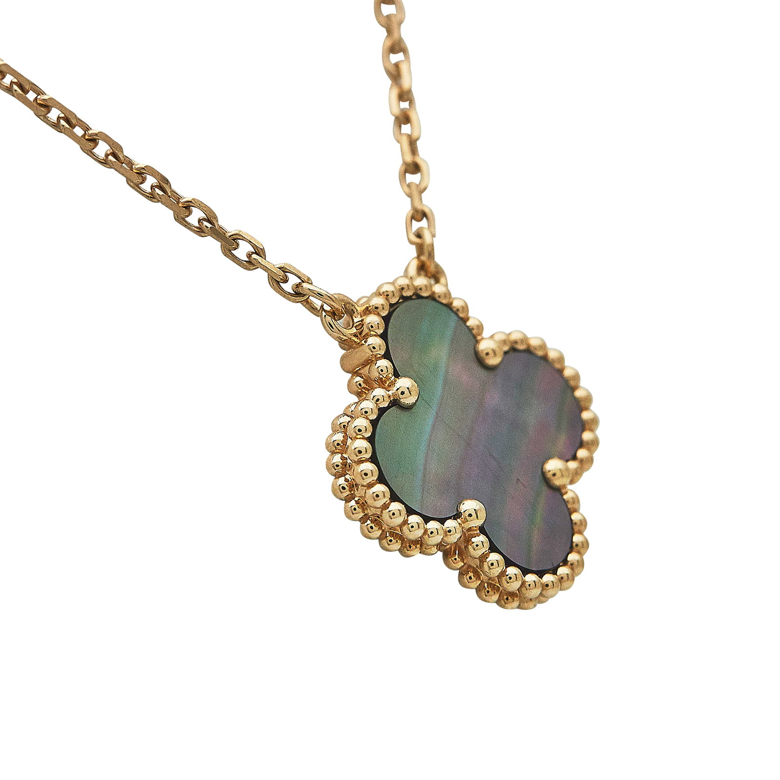 Van Cleef & Arpels Alhambra Vintage 18K Rose Gold and Mother of Pearl Pendant Necklace: BRAND: VCA; COLLECTION: Alhambra (Vintage); METAL: 18K Rose Gold; GEMSTONES: MOP; STAMPED: S308, VCA, Au750, Maker's Mark, serial number,; CONDITION: Pre-owned, Very Good; ITEM WEIGHT (GRAMS): 5 g; ME
