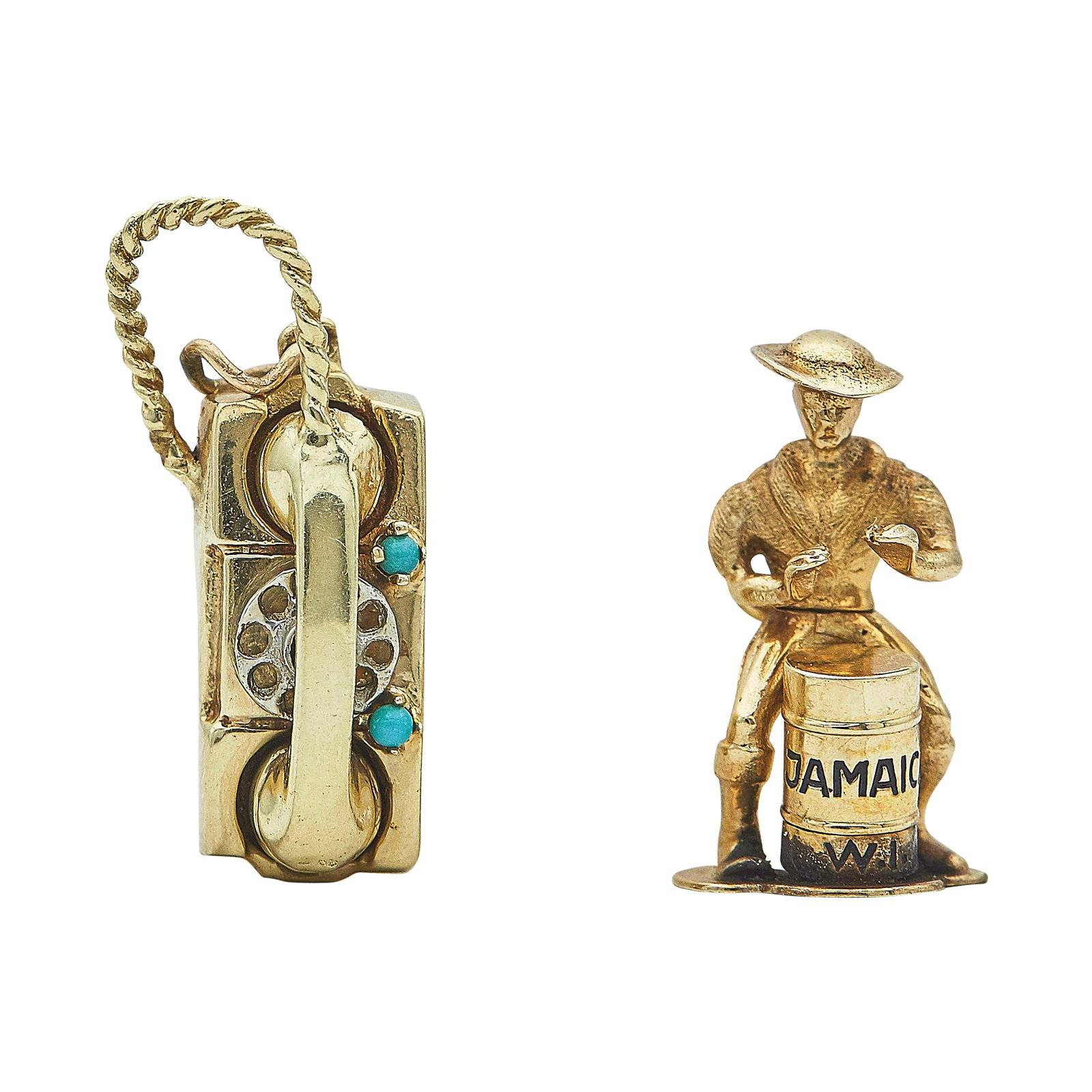 14K Yellow and White Gold Drummer and Telephone Charm: METAL: 14K Yellow Gold/White Gold; GEMSTONES: Blue stone; STAMPED: One charm marked 14K on jump ring; TESTED: 14K Yellow Gold/White Gold; CONDITION: Pre-owned, Good; ITEM WEIGHT (GRAMS): 11.9 g; MEASU