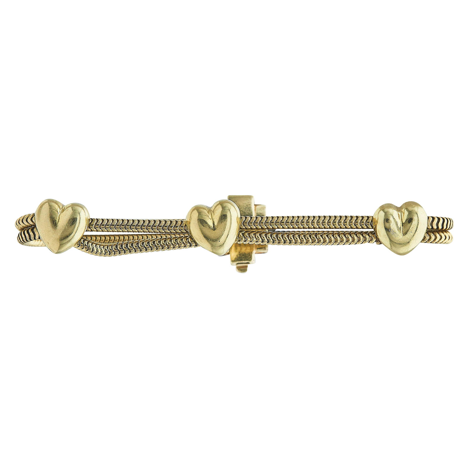 14K Yellow Gold Heart Bracelet: METAL: 14K Yellow Gold; STAMPED: 14K; CONDITION: Pre-owned, Very Good; ITEM WEIGHT (GRAMS): 17.4 g; MEASUREMENTS: Bracelet 6 1/2 inches long