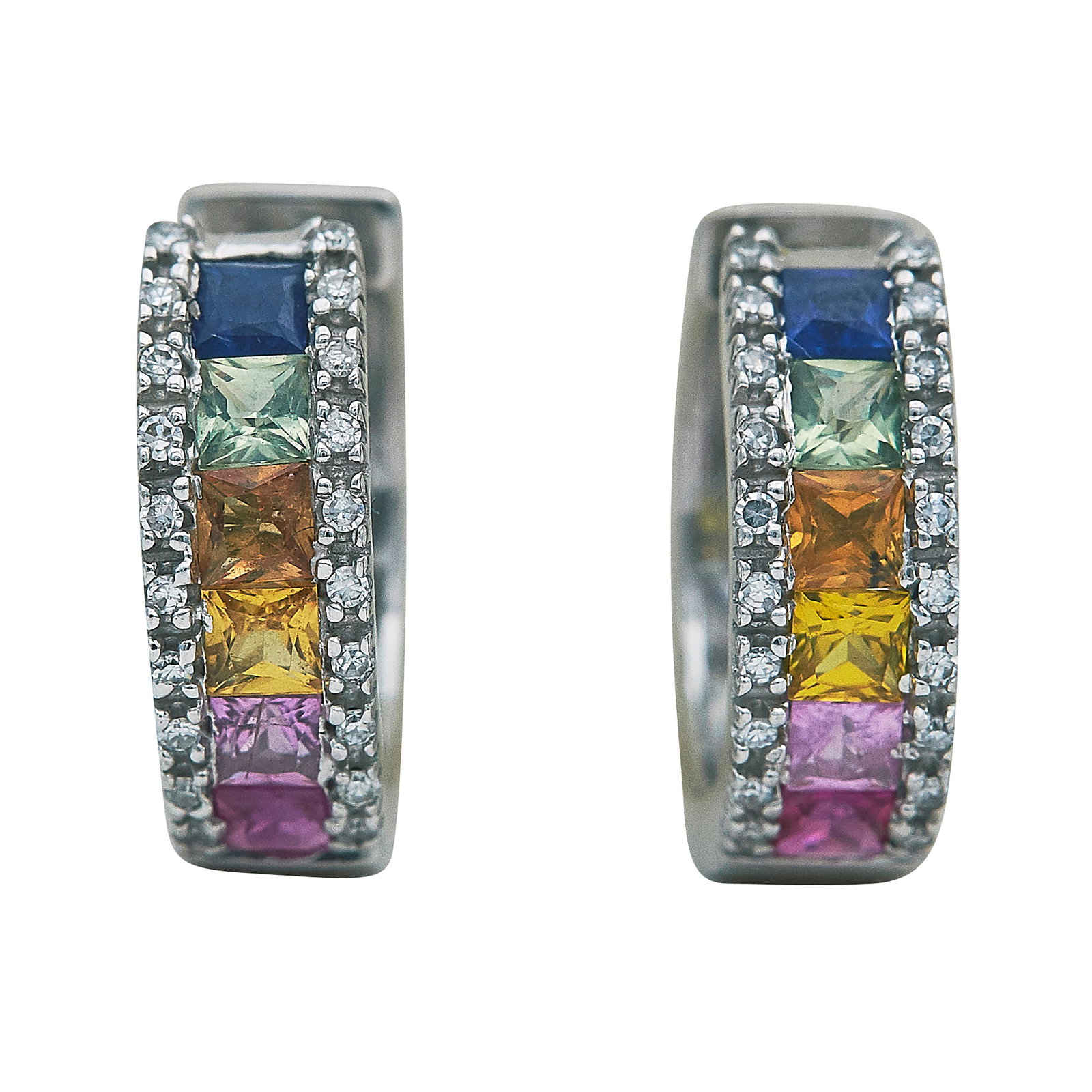 EFFY 14K White Gold Multicolored Sapphire and Diamond Hoop Earrings (1 of 4)